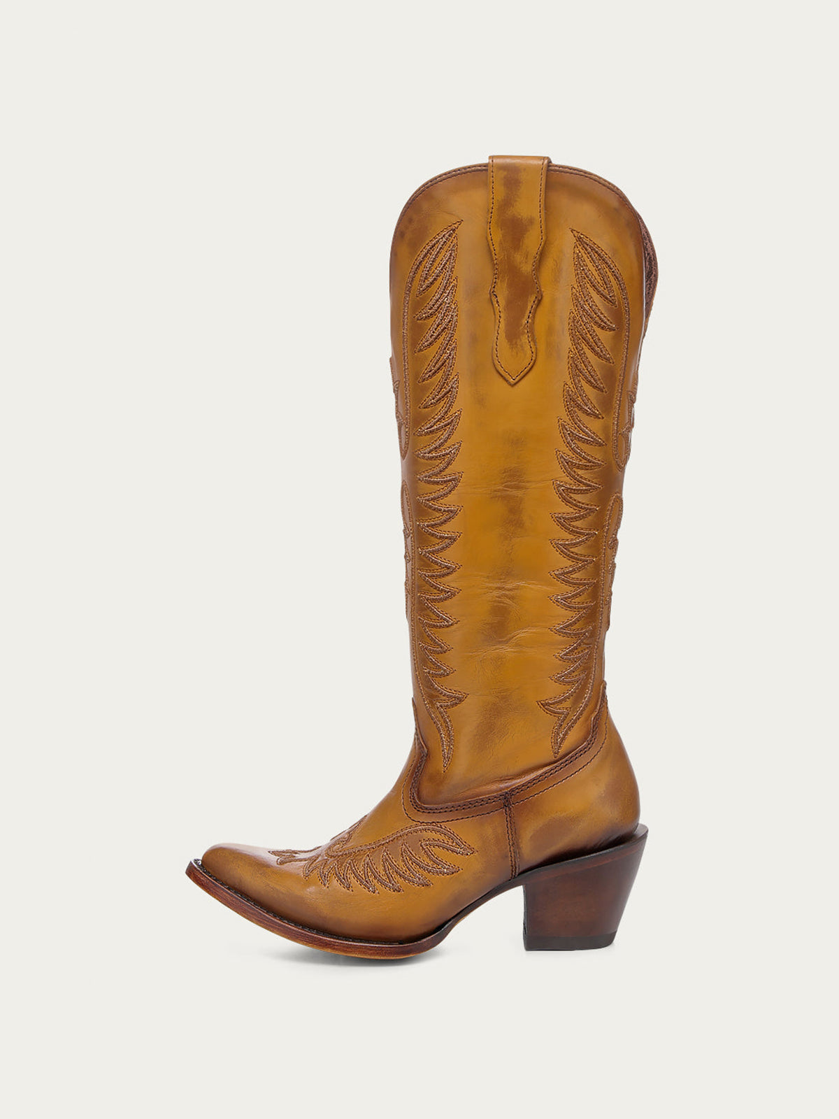 Vintage Tan Almond-Toe Chic Embroidery Half-Zip Knee High Cowgirl Boots