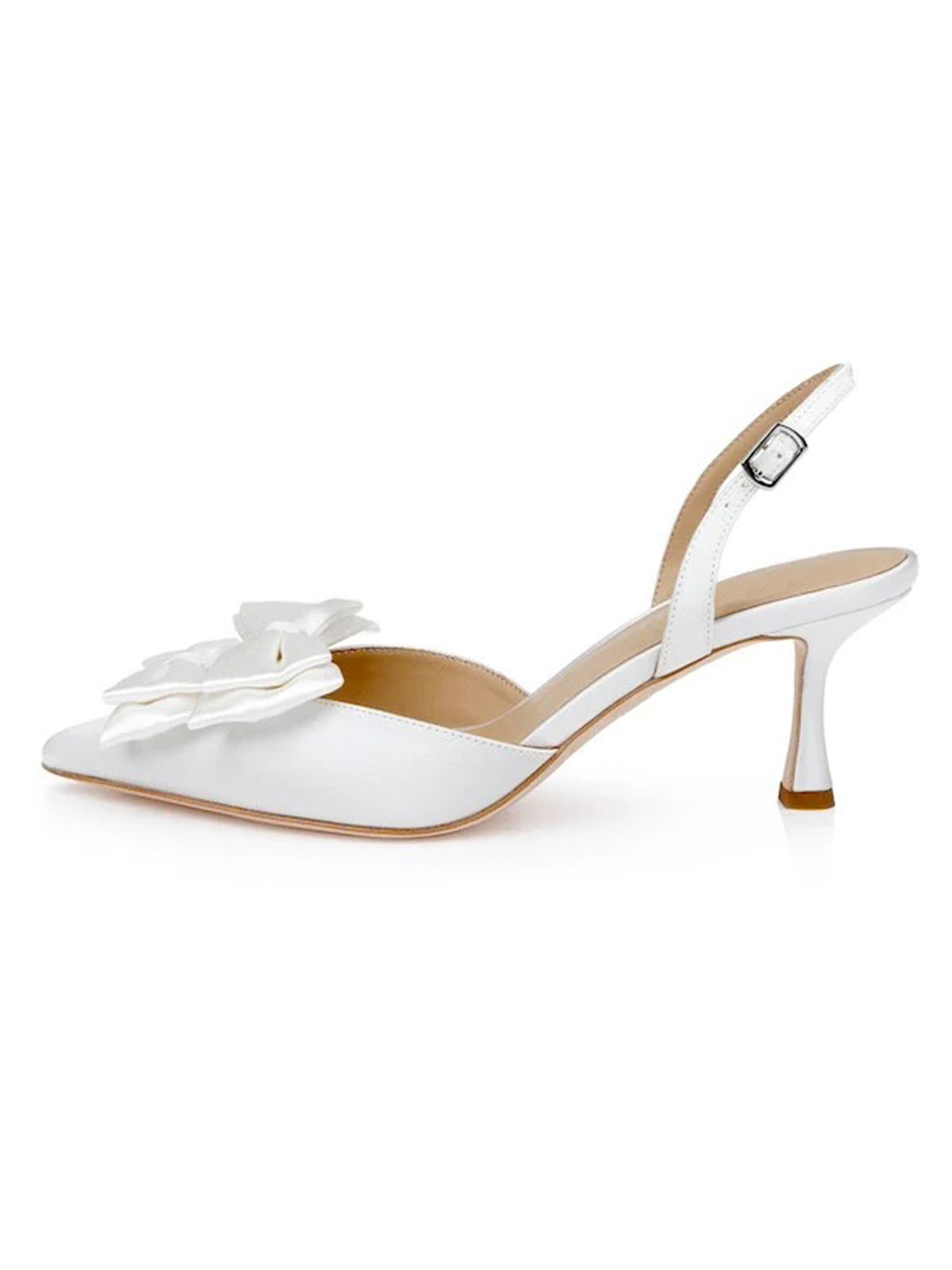 White Satin Pointed-Toe Front Double Bows Slingback High Heels