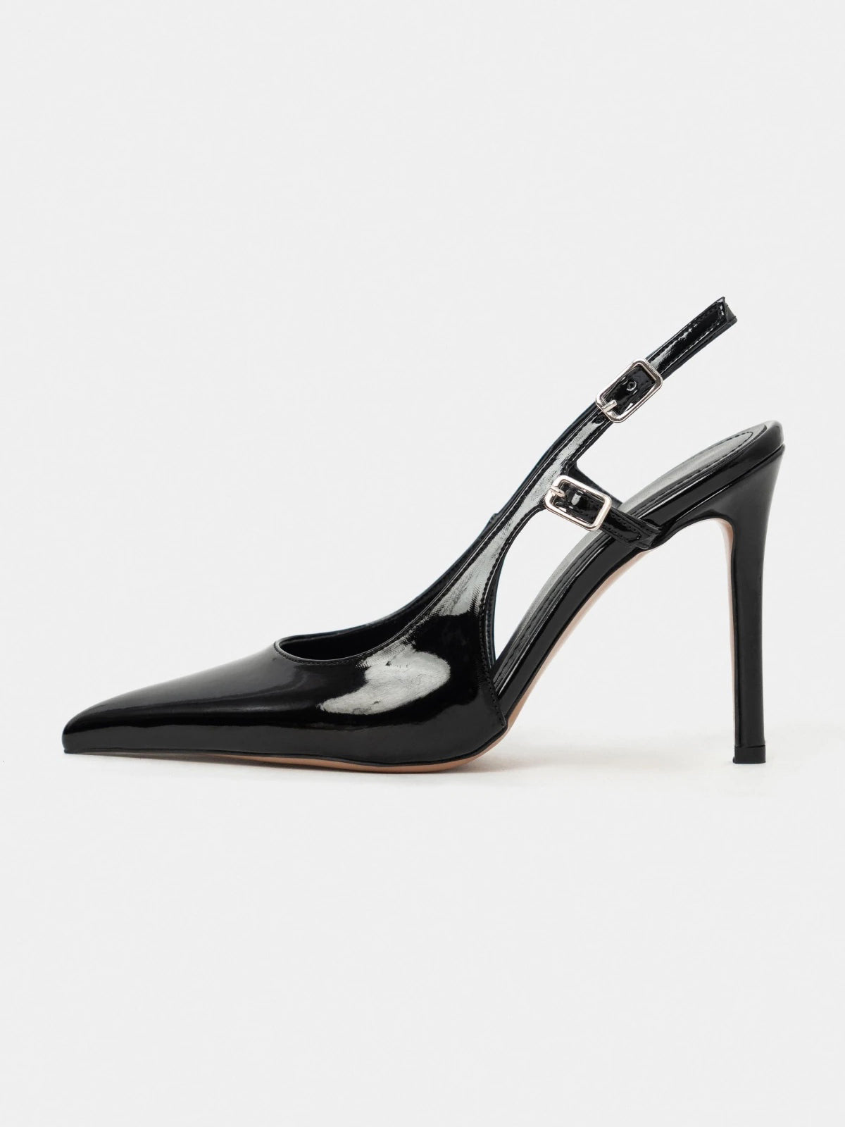 Patent Leather Pointed-Toe Buckle Back Strap Chic High Heels - Black