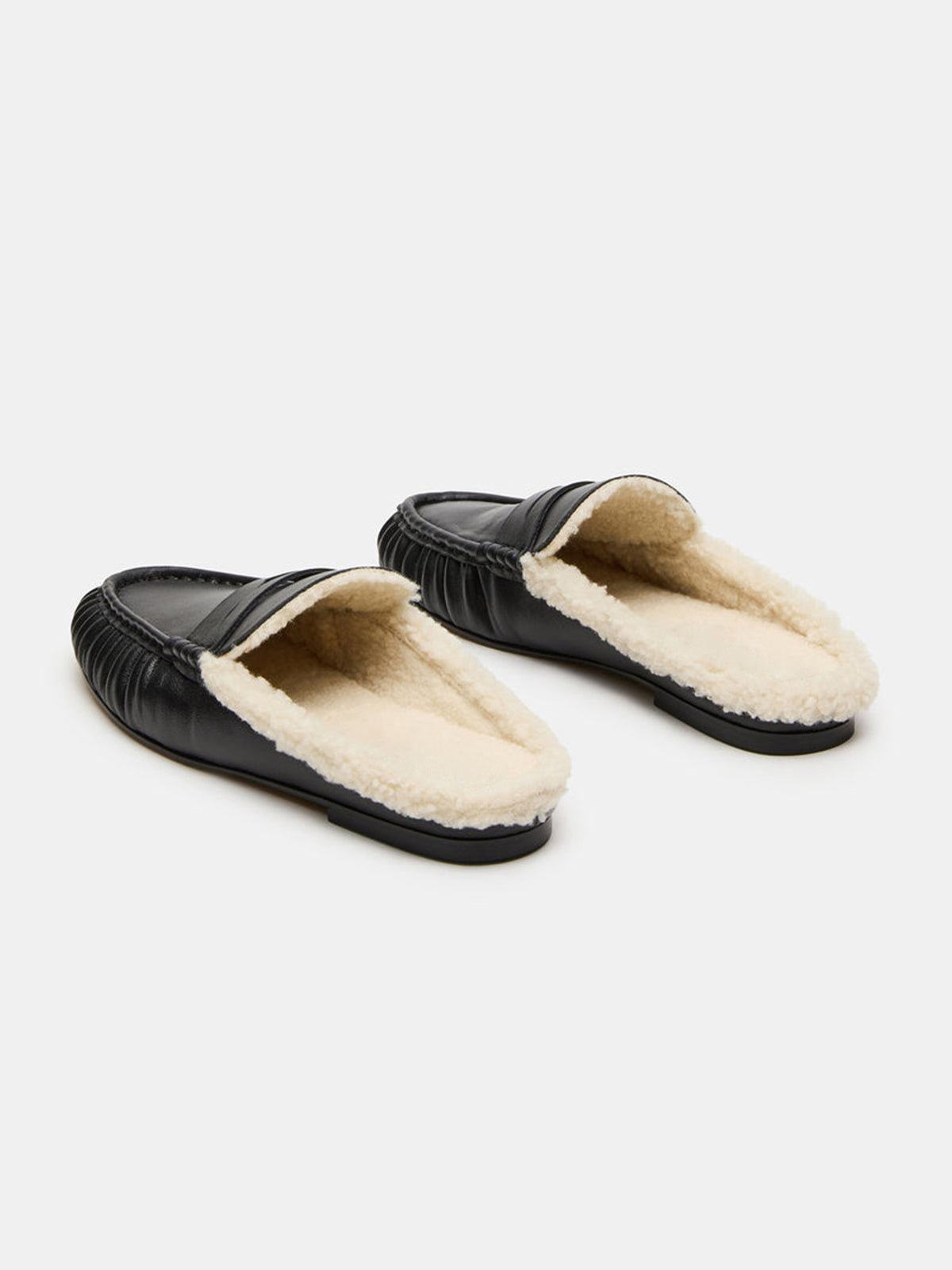 Black Vegan Leather And Plush Round-Toe Backless Simple Flats