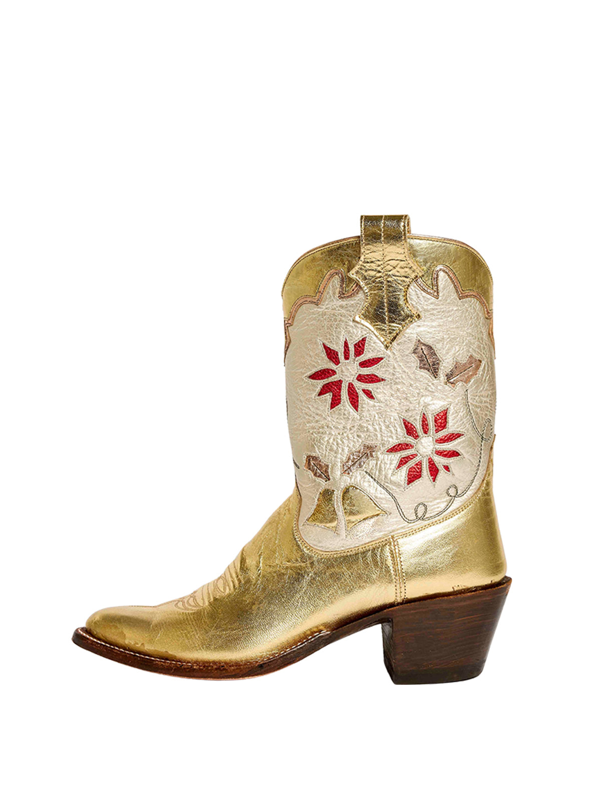 Metallic Gold Almond-Toe Holiday Inaly Mid Calf Cowgirl Boots