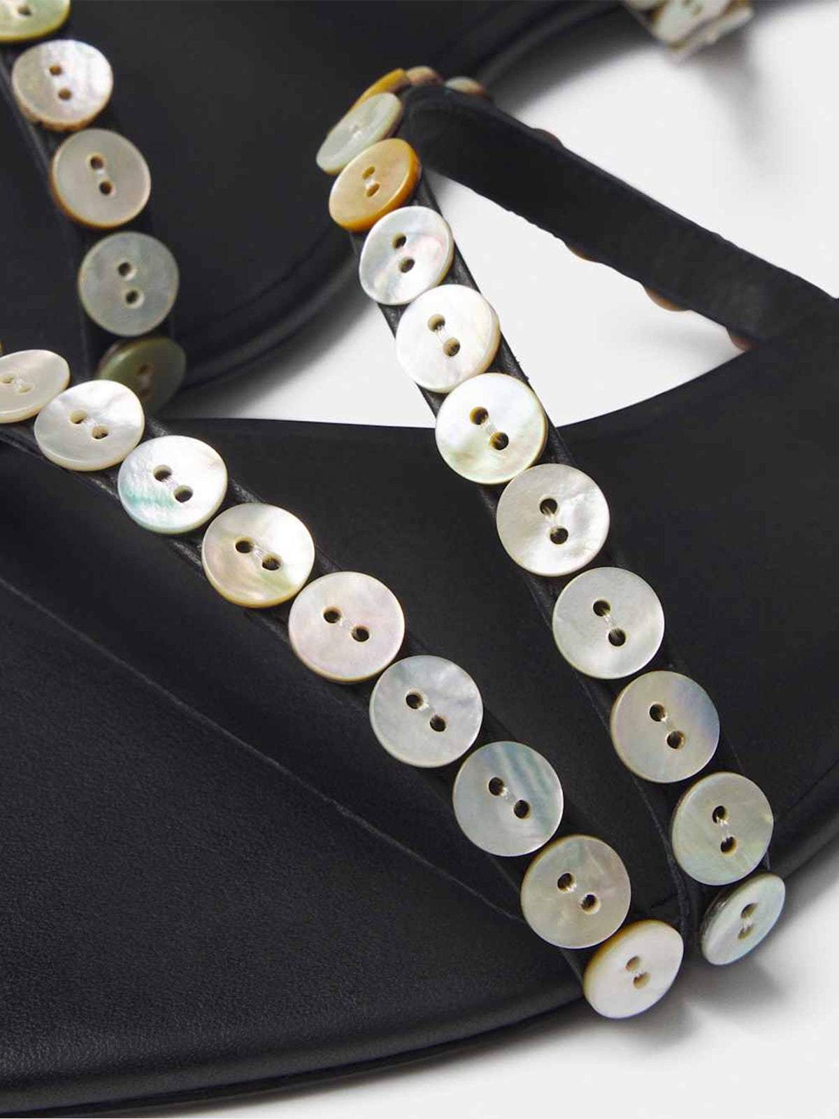 Black Square-Toe Double Straps With Button Embellishments Flat Sandals