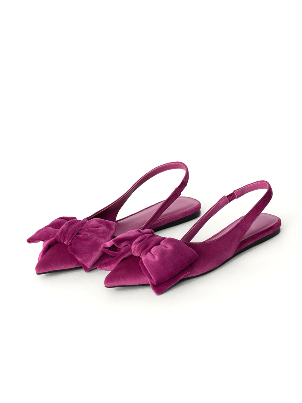 Pink Velvet Pointed-Toe Front Big Bow And Slingback Flats