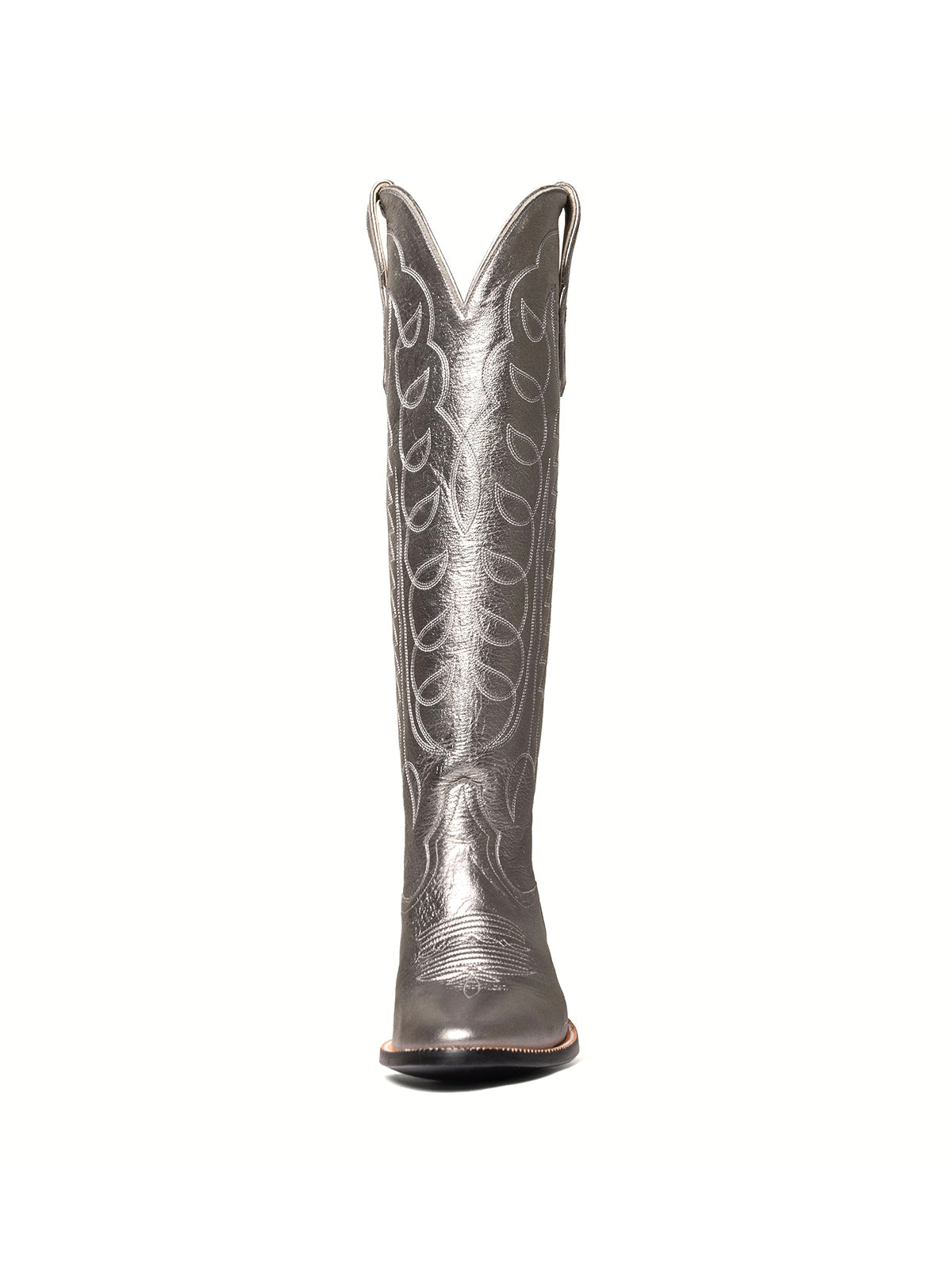 Metallic Silver Classic Almond-Toe Embroidery Tall Knee High Wide Calf Cowgirl Boots