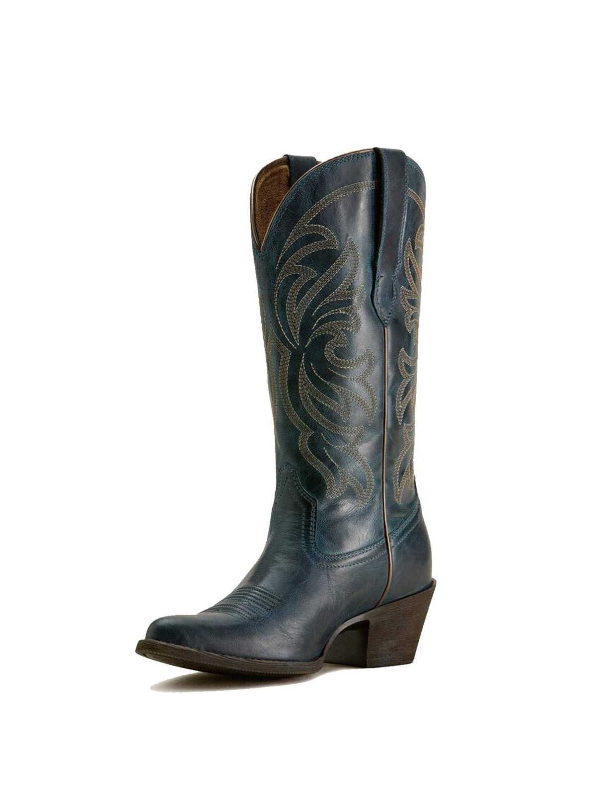 Mid Calf Almond-Toe Embroidery Cowgirl Boots - Dark Denim Blue