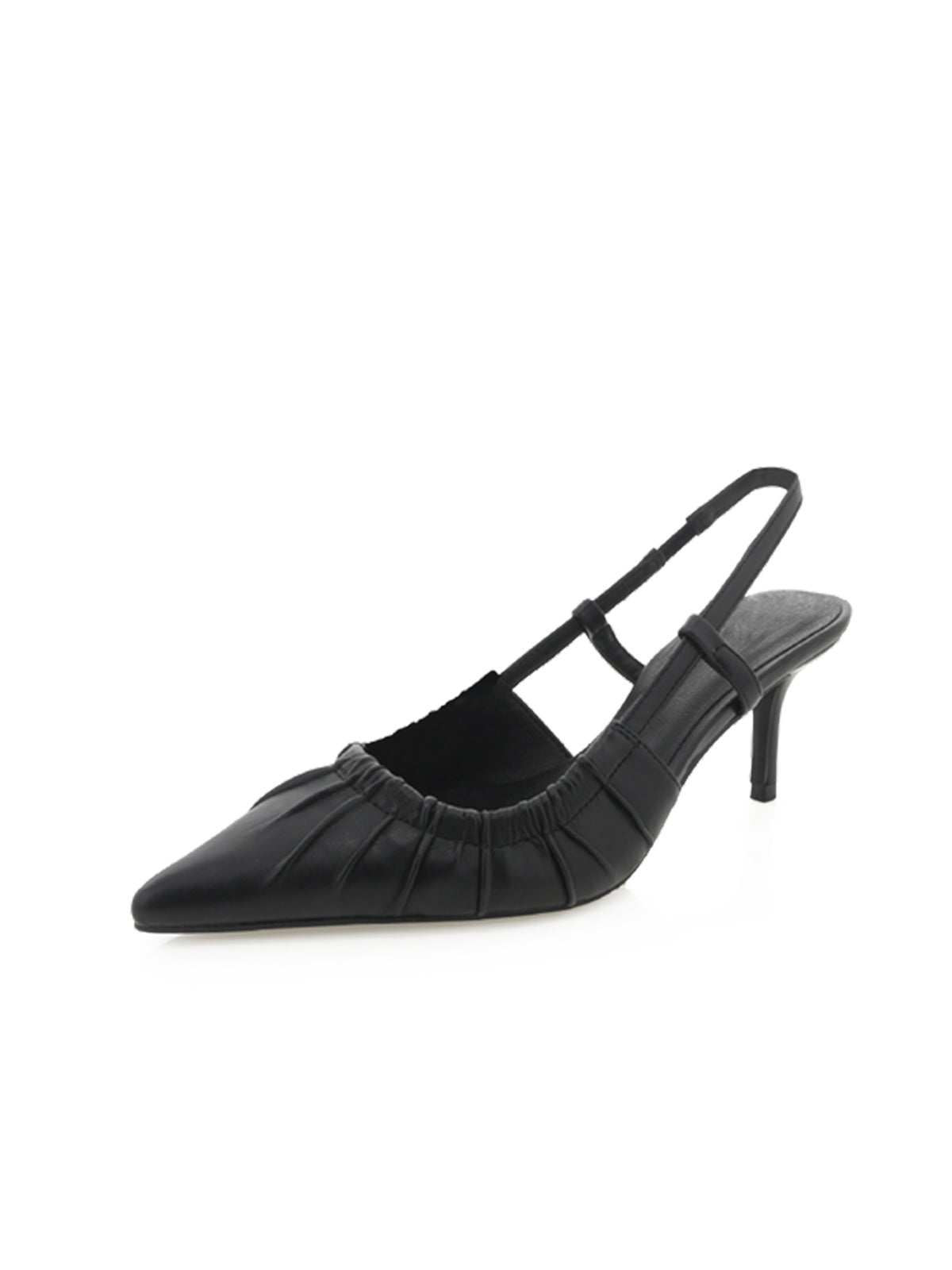 Black Ruched Upper Pointed-Toe Slingback Kitten Heels