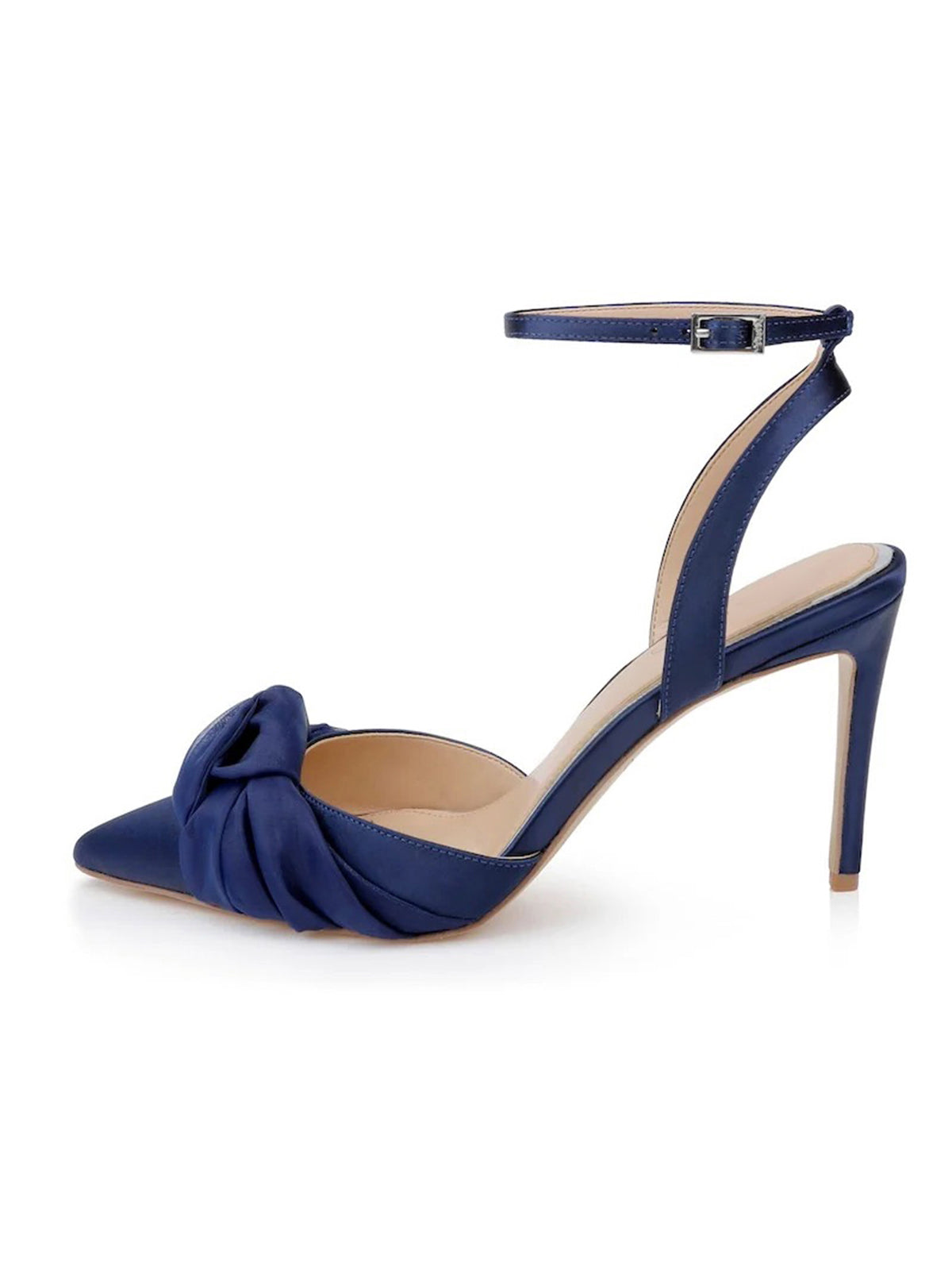 Navy Satin Pointed-Toe Front Soft Knot Slingback Ankle Strap High Heels