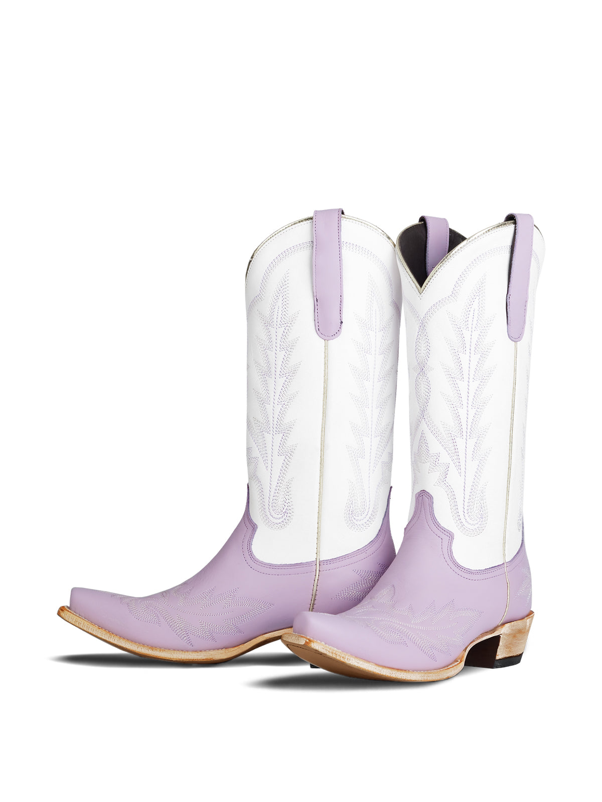Contrast White And Lavender Snip-Toe Chic Embroidery Mid Calf Cowgirl Boots