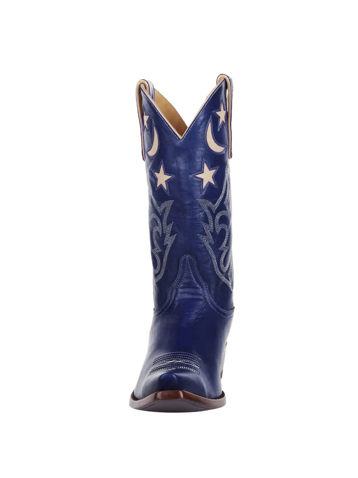 Blue Snip-Toe Moon And Star Inlay Embroidery Mid Calf Cowgirl Boots