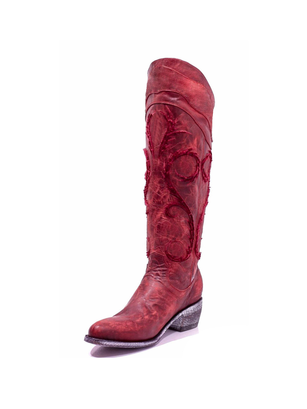 Dark Red Round-Toe Chic Embroidery Wide Calf Knee High Cowgirl Boots