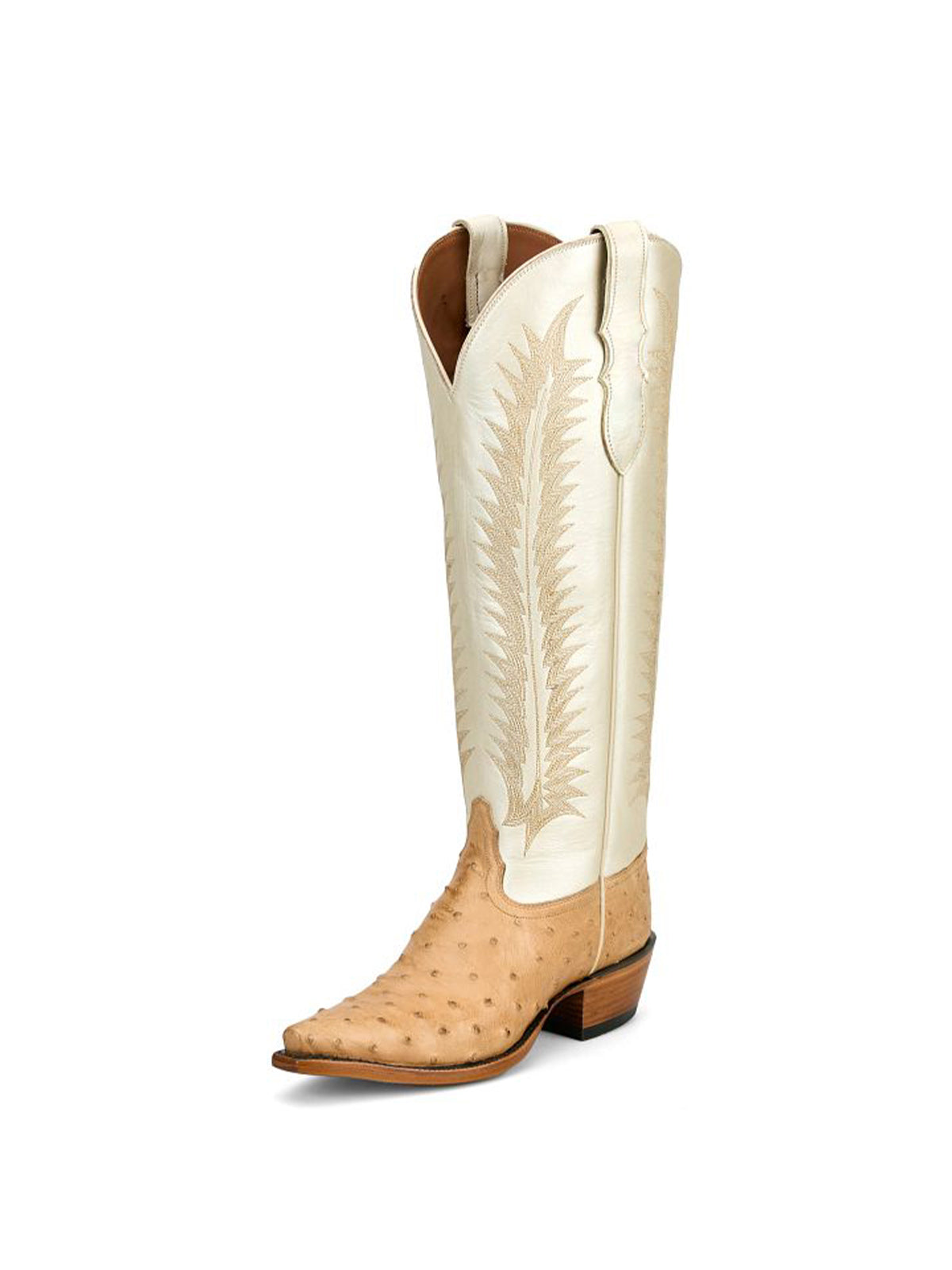 White Ostrich Print Snip-Toe Western Stitch Knee High Cowgirl Boots