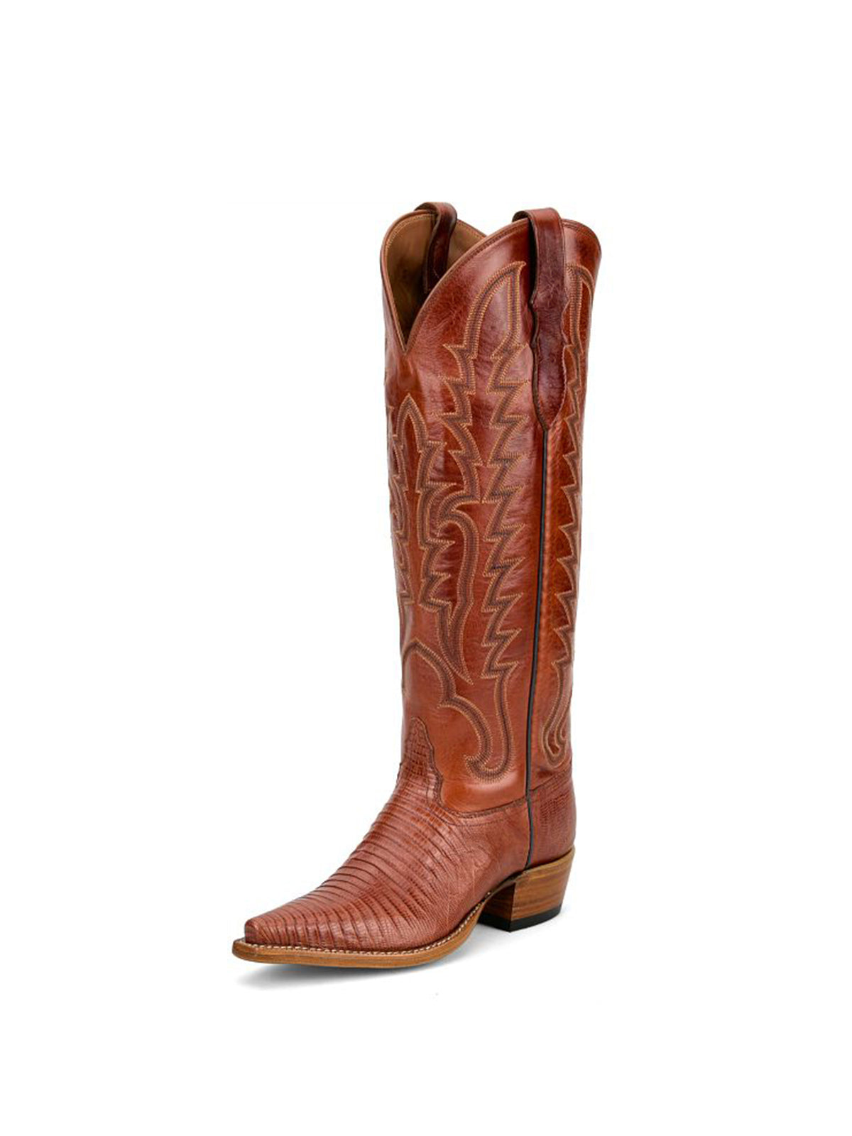 Brown Lizard Print Snip-Toe Western Stitch Knee High Cowgirl Boots
