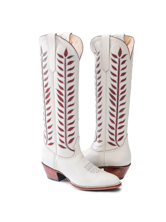 Almond-Toe Wine Red Leaves Inlay Wide Calf Tall Knee High Cowgirl Boots - White