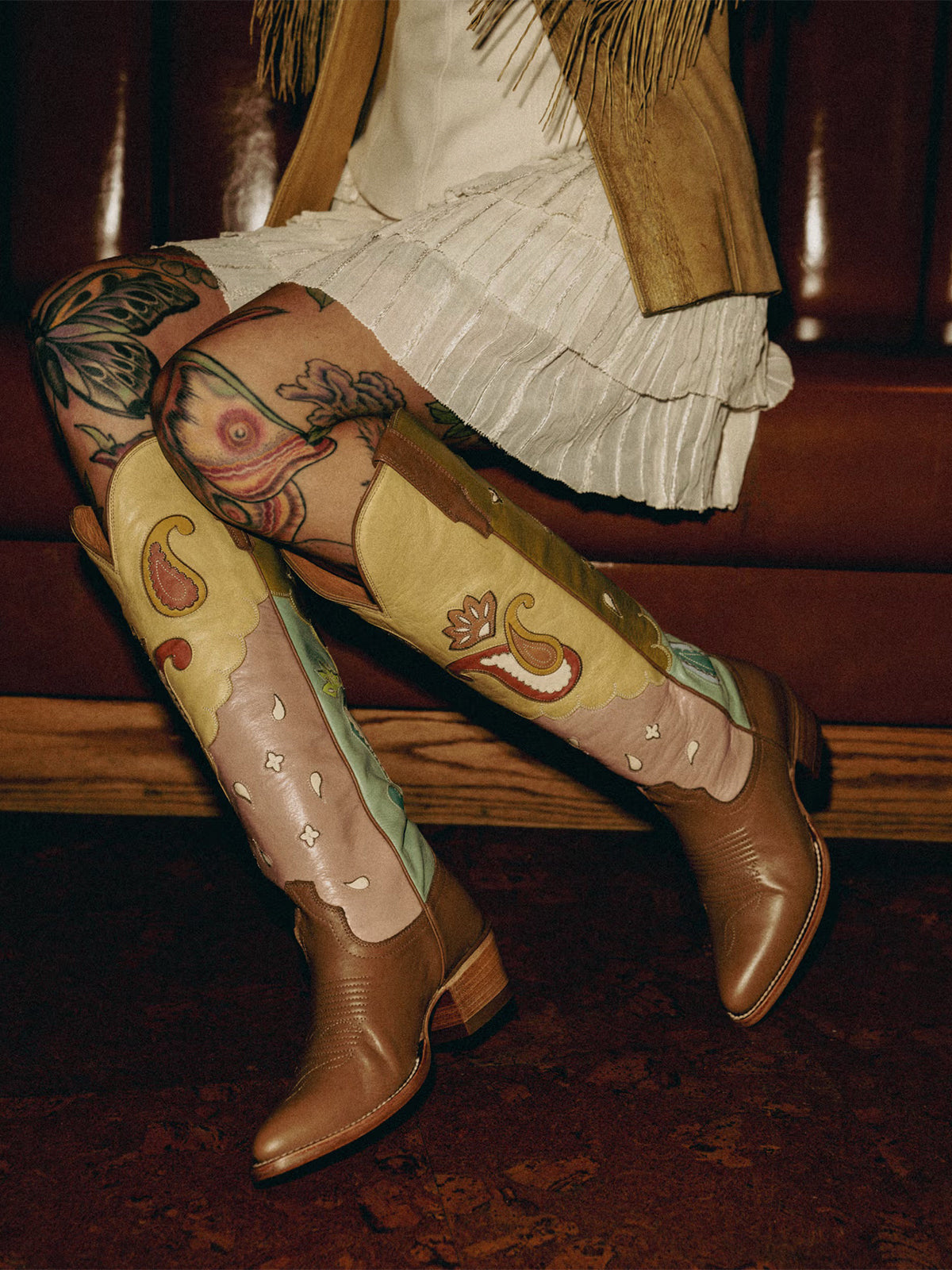 Contrast Multi-Color Almond-Toe Delicate Inlays Wide Calf Knee High Cowgirl Boots