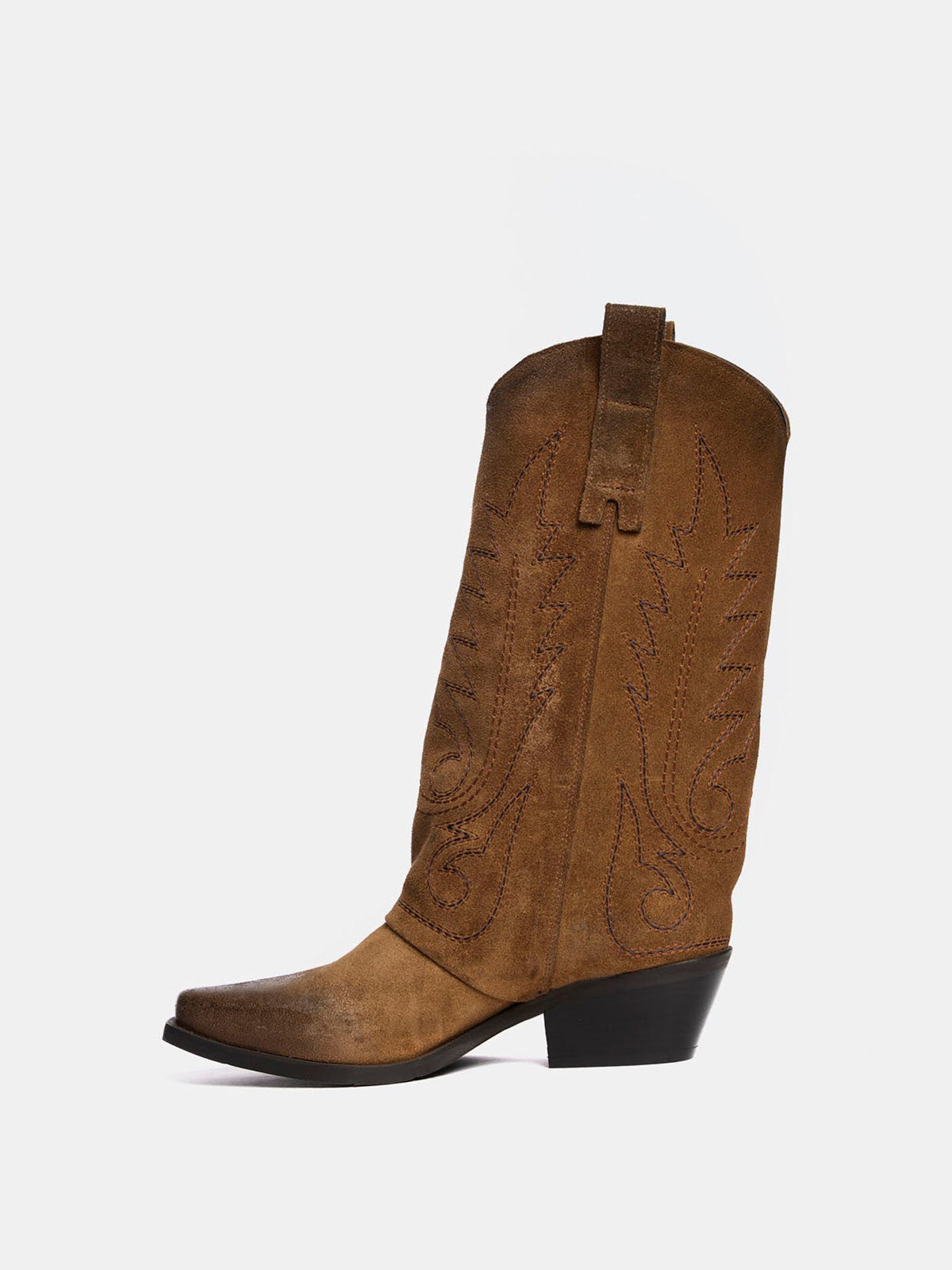 Taupe Snip-Toe Faux Suede Embroidery Classic Mid Calf Cowgirl Boots