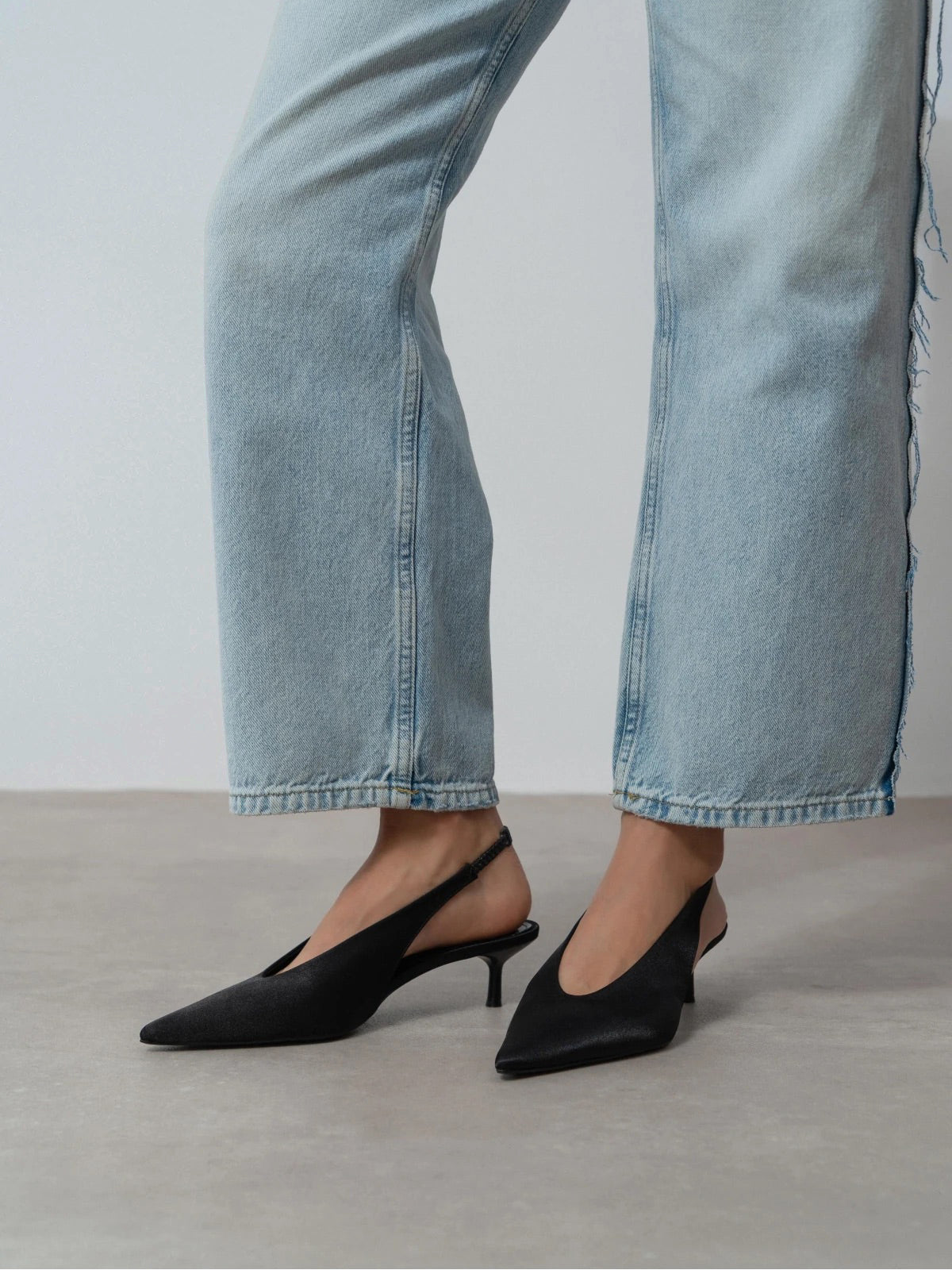 Black Satin Pointed-Toe Slingback With Buckle Kitten Heels