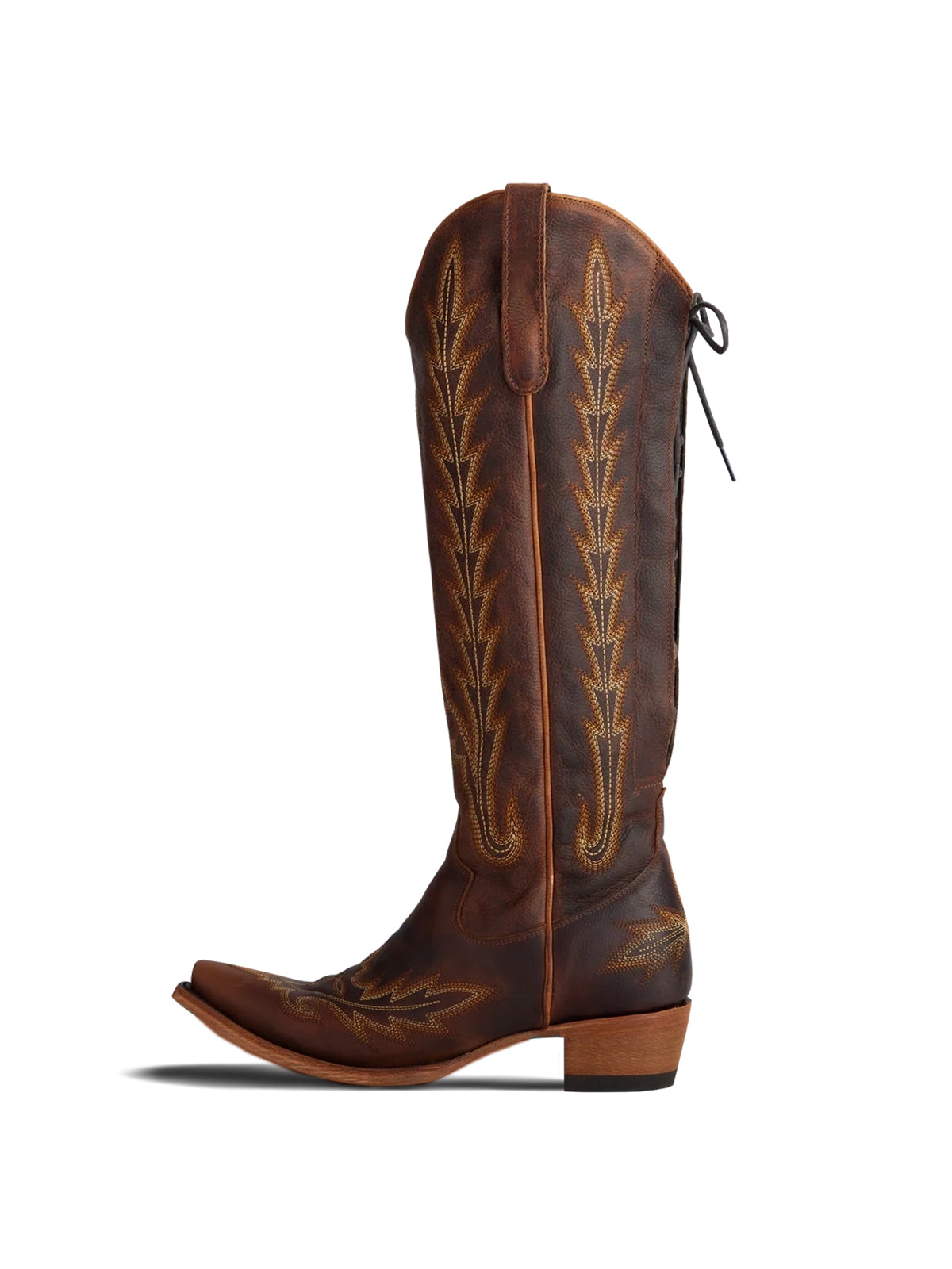 Snip-Toe Embroidery Half-Zip Back Lace-Up Knee High Cowgirl Boots - Cognac