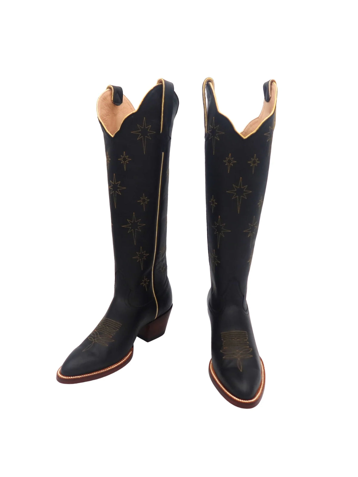Black Almond-Toe North Stars Embroidery Wide Calf Knee High Cowgirl Boots
