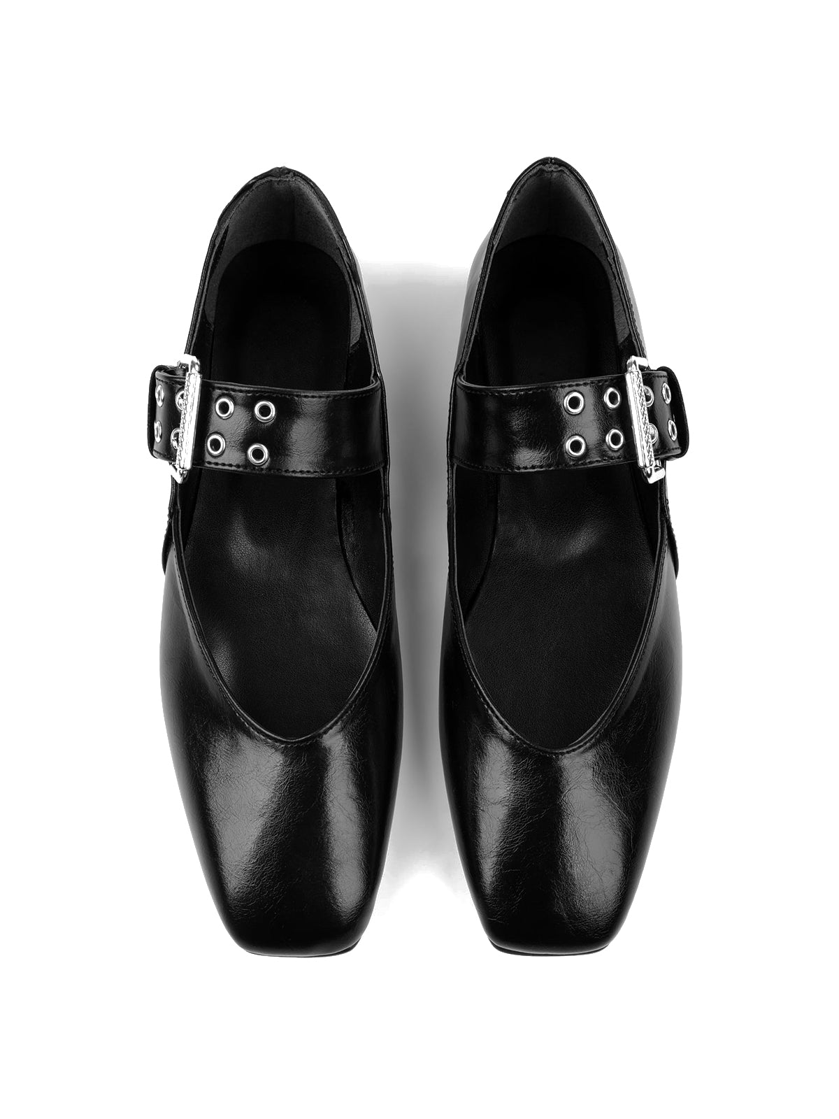 Black Square-Toe Buckle Bridge Strap With Eyelets Ballet Flats