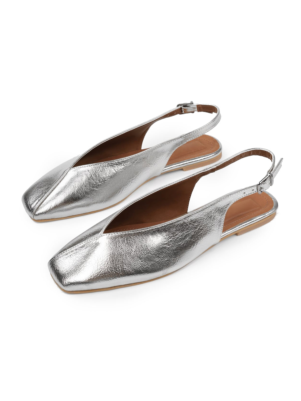 Metallic Silver Square-Toe Classic Buckle Back Strap Slip-On Flats