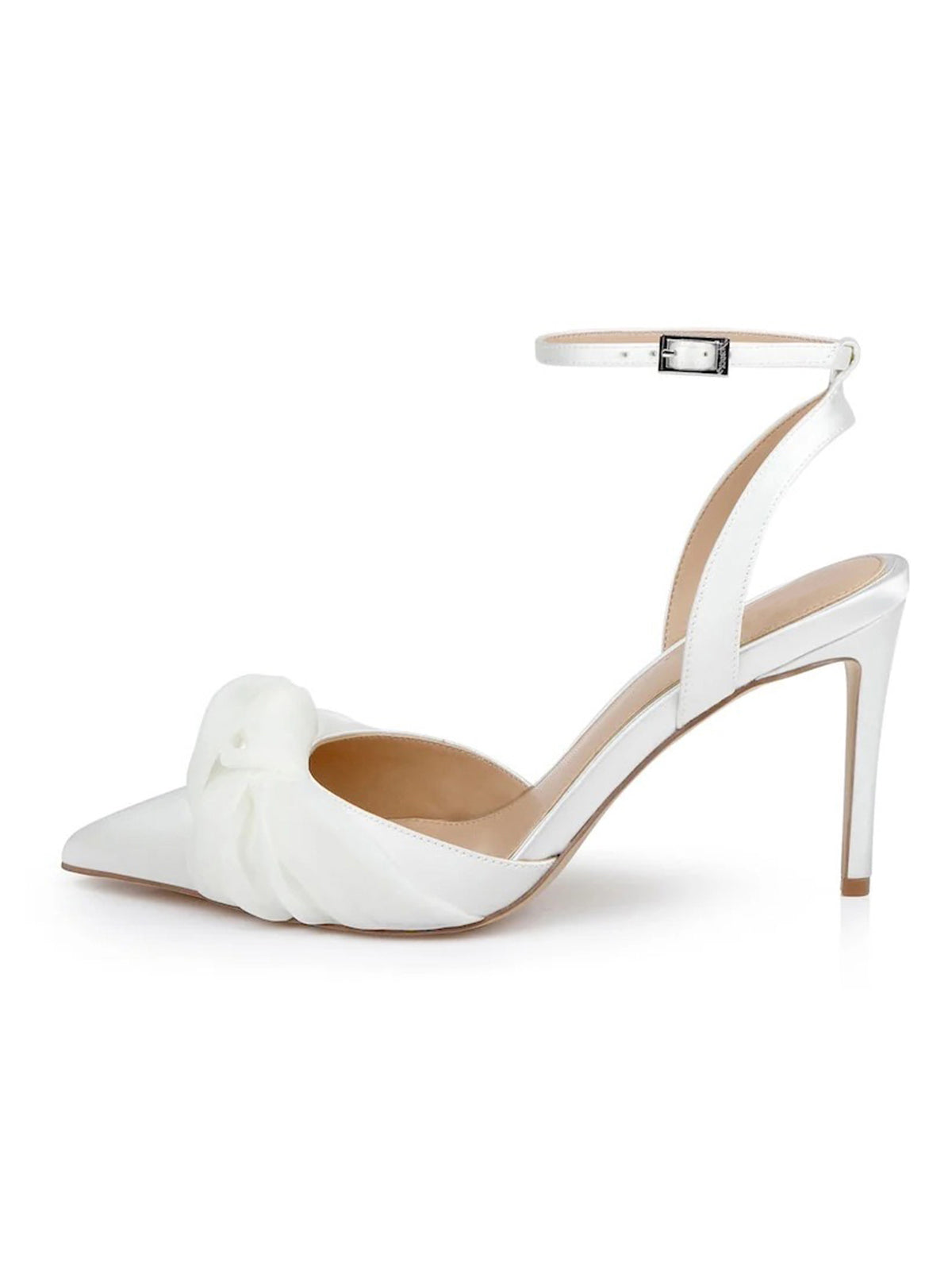 White Satin Pointed-Toe Front Soft Knot Slingback Ankle Strap High Heels
