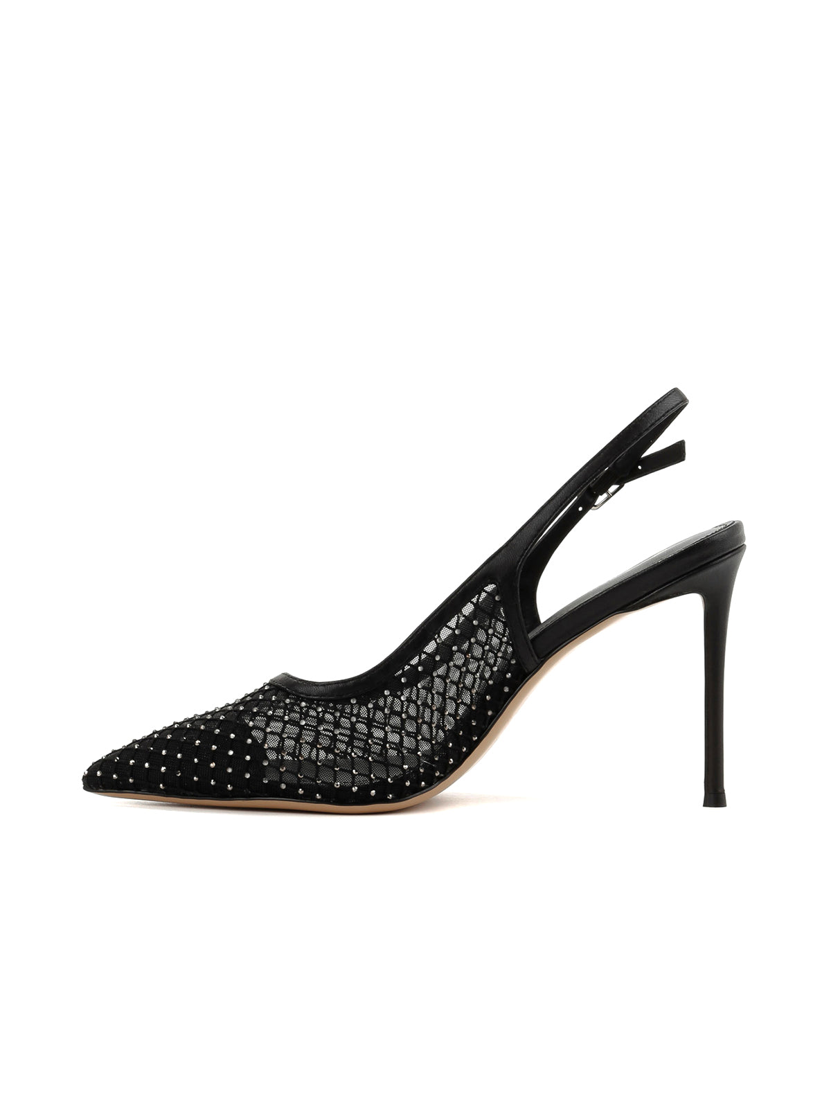 Black Mesh With Rhinestones Pointed-Toe Back Strap High Heels