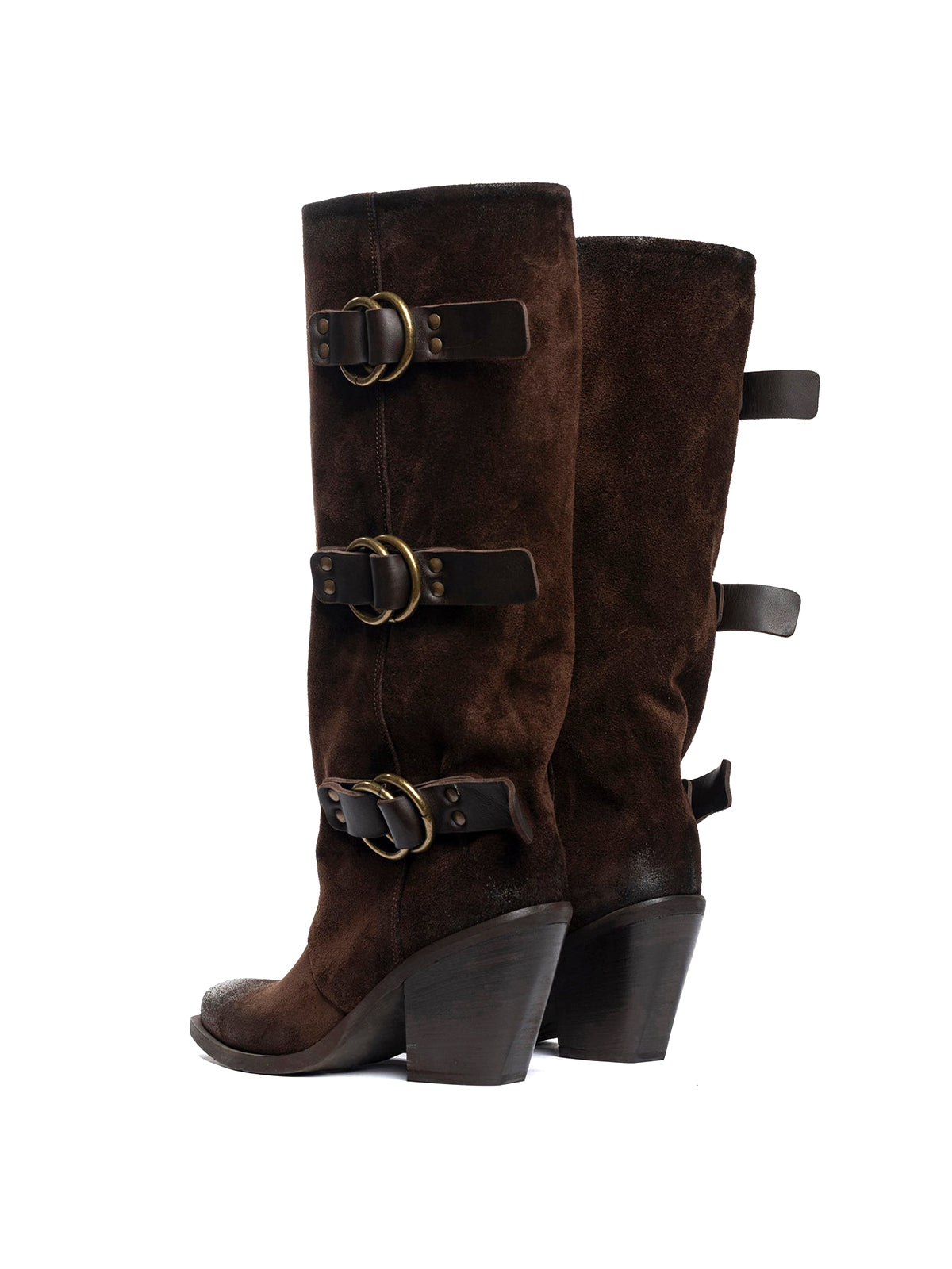 Brown Faux Suede Snip-Toe Three Buckle Straps Fold-Over Wide Calf Knee High Cowgirl Boots