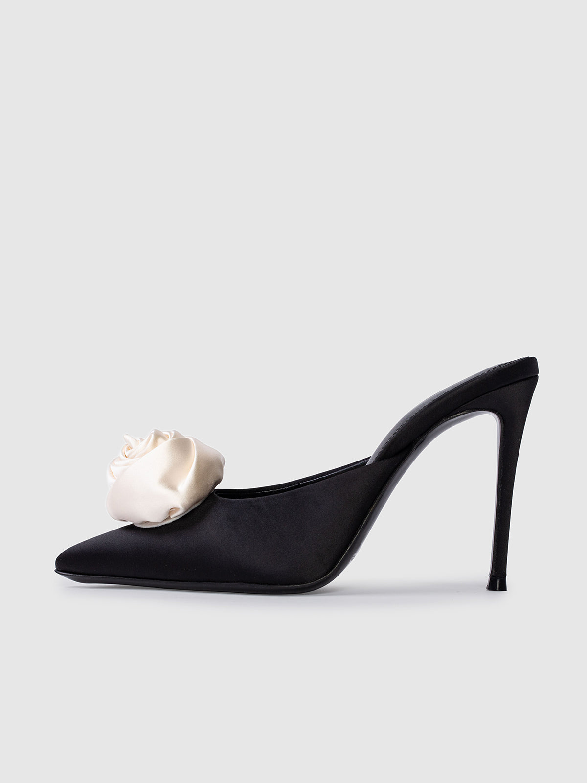 Black Satin Pointed-Toe Front Rose Inlay High Heels