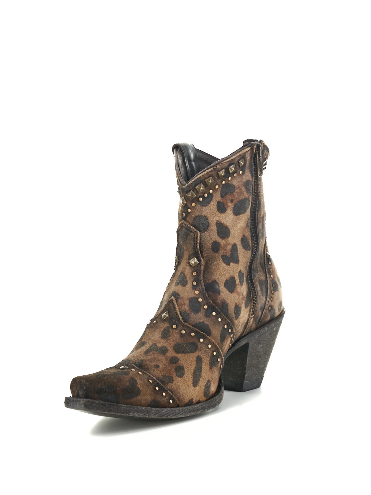 Leopard Print Snip-Toe Studs Full-Zip Ankle Cowgirl Boots