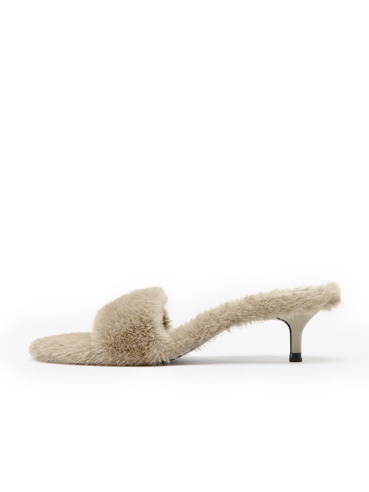 Gray Plush Round-Toe Front Strap Kitten Heels