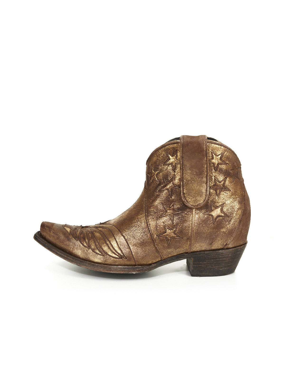 Metallic Bronze Snip-Toe Stars Inlay Full-Zip Ankle Cowgirl Boots