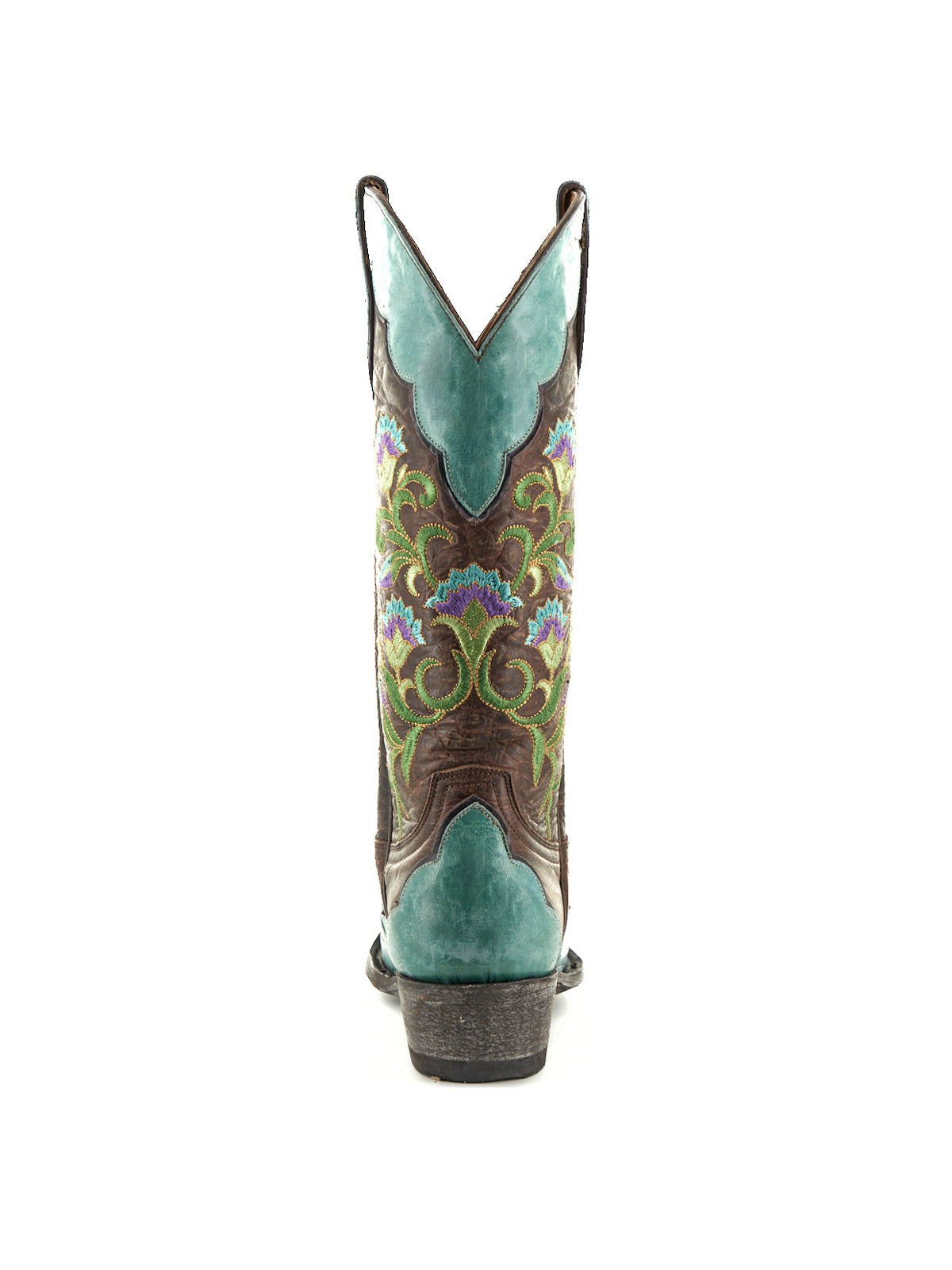 Contrast Brass And Turquoise Snip-Toe Colorful Flowers Embroidery Mid Calf Cowgirl Boots