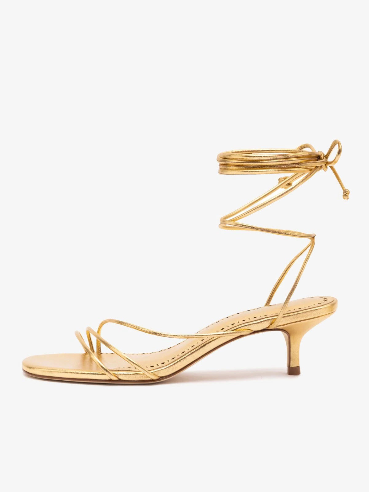 Metallic Gold Round-Toe Front And Long Ankle Strap Kitten Heels