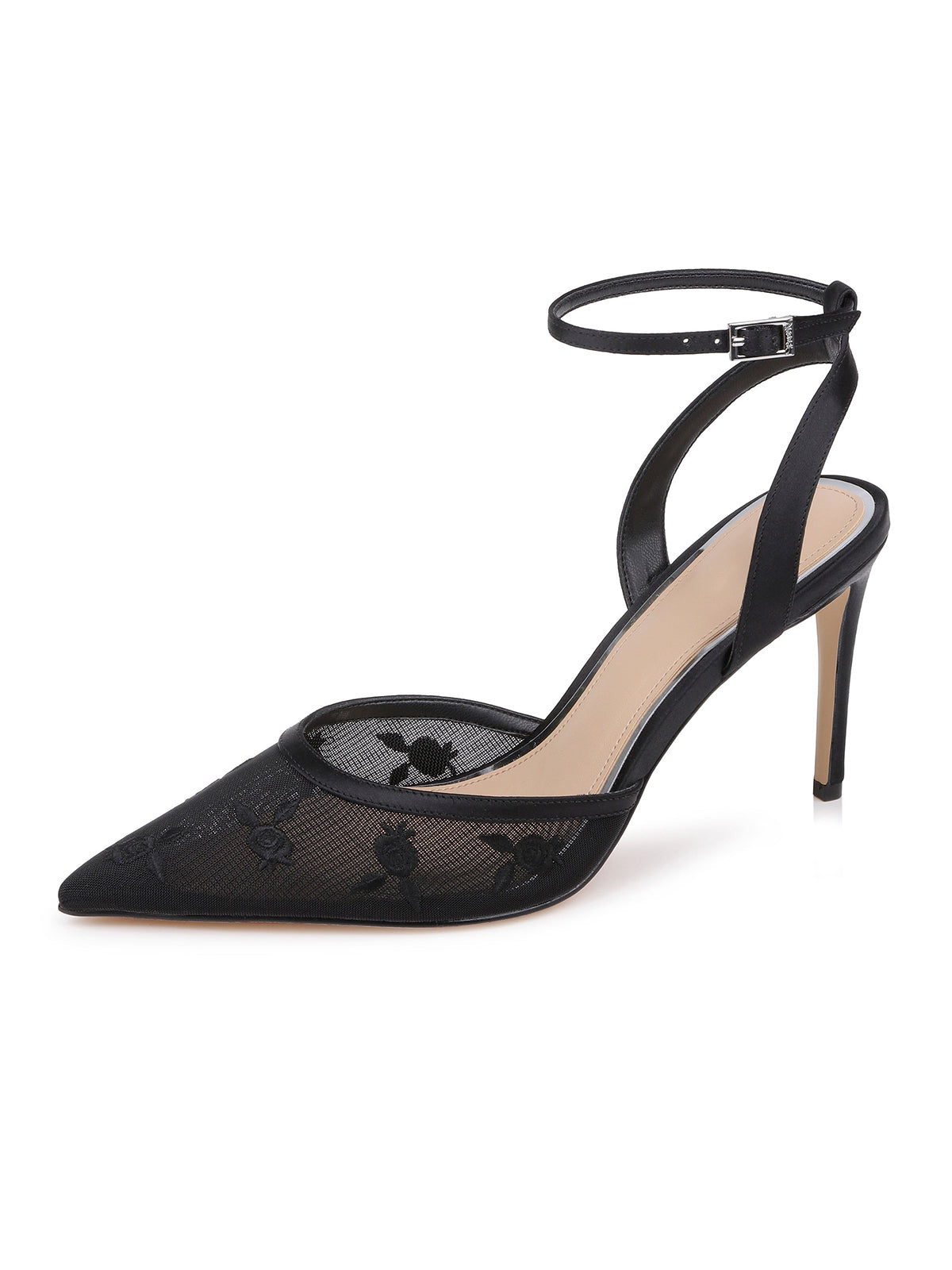 Black Mesh And Satin Pointed-Toe Back And Ankle Strap Chic High Heels