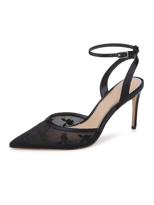 Black Mesh And Satin Pointed-Toe Back And Ankle Strap Chic High Heels