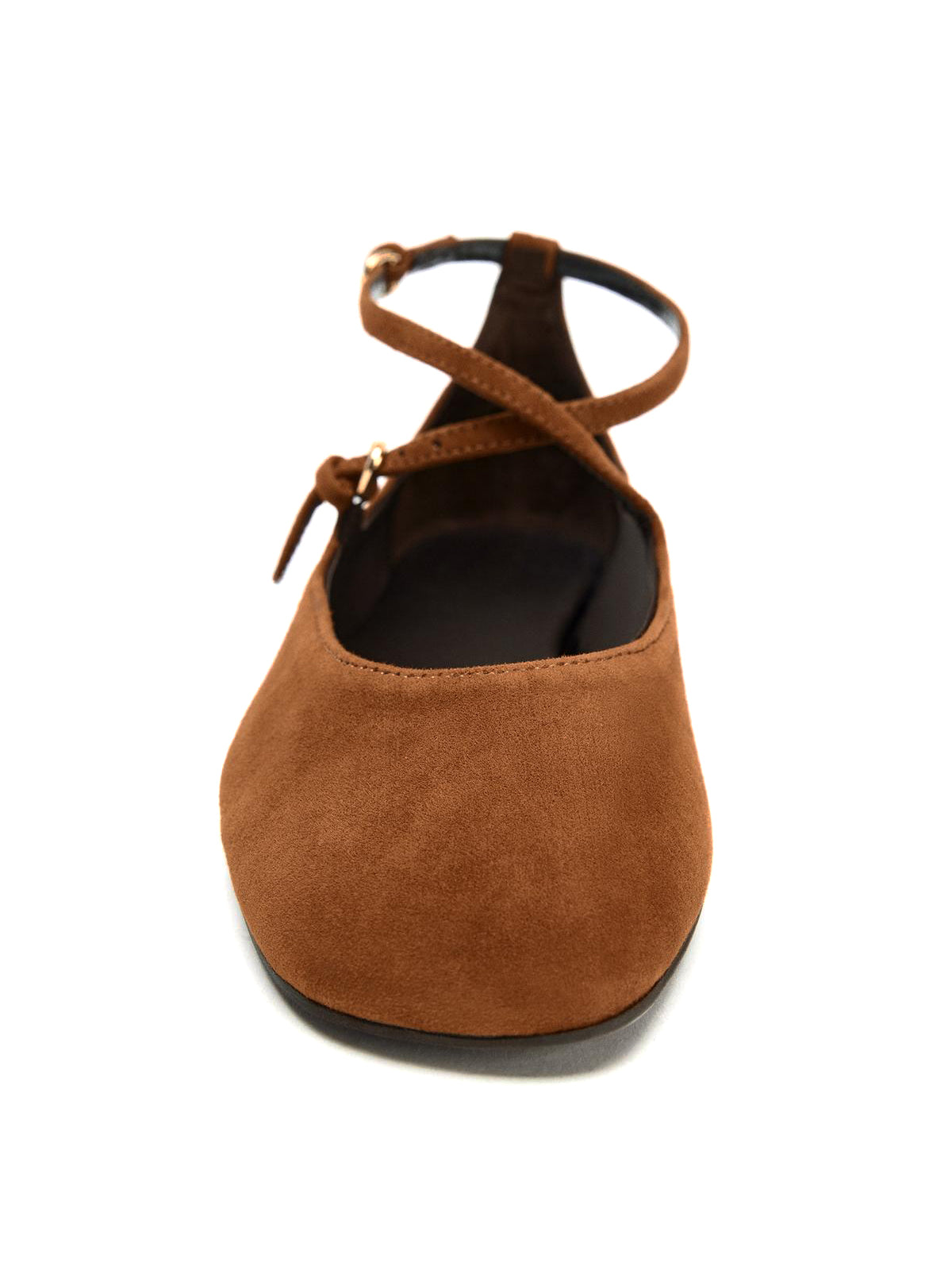 Brown Faux Suede Round-Toe Buckle Ankle Strap Ballet Flats
