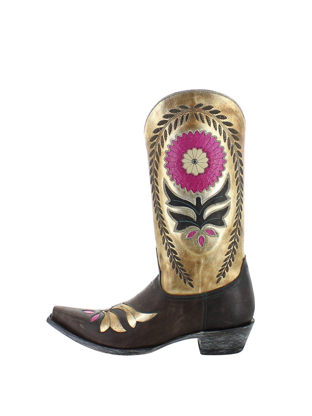 Contrast Gold And Chocolate Snip-Toe Sunflower Inlay Rice Ears Embroidery Mid Calf Cowgirl Boots