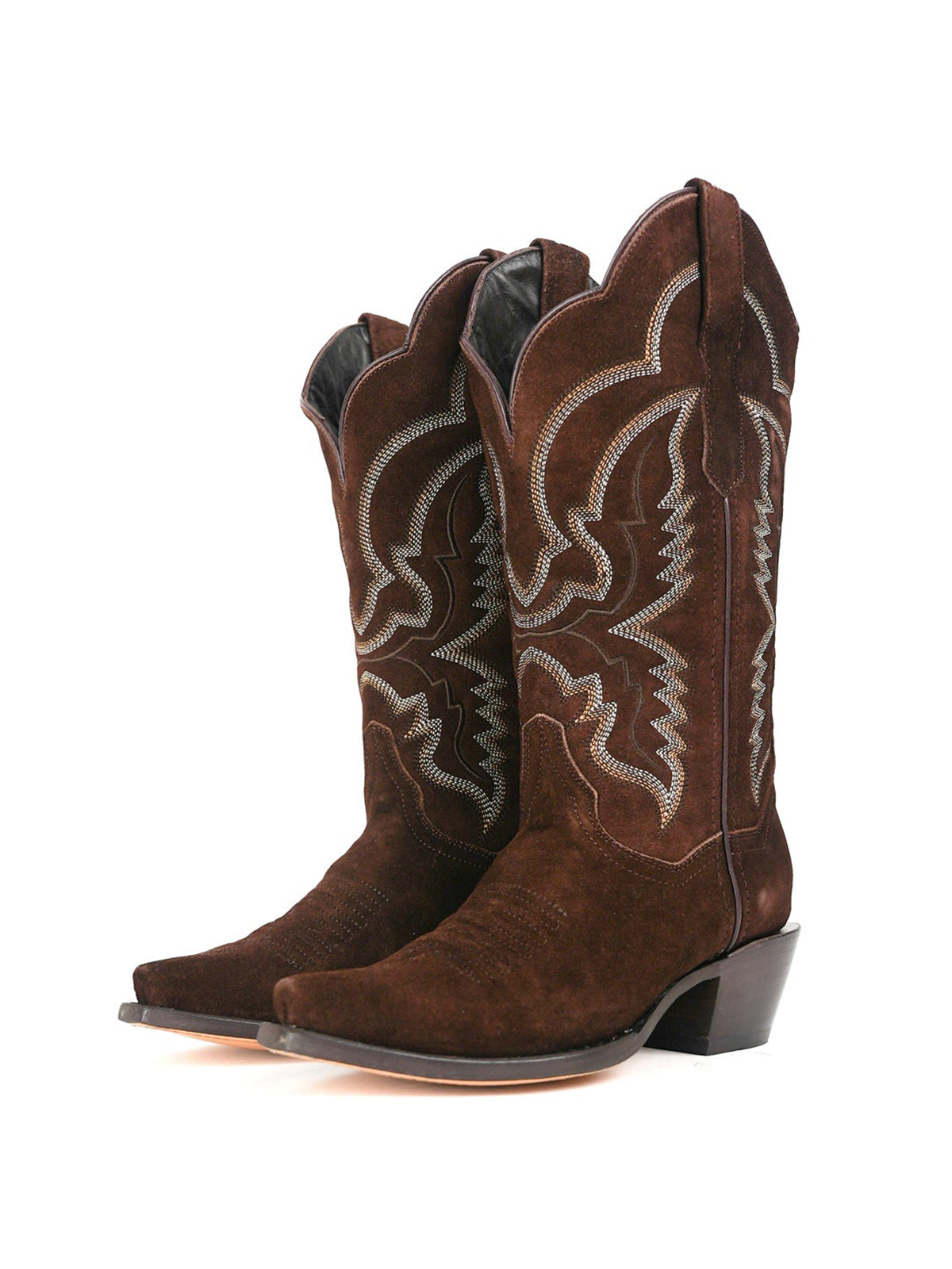 Western Snip-Toe Embroidery Mid Calf Cowgirl Boots - Brown Faux Suede