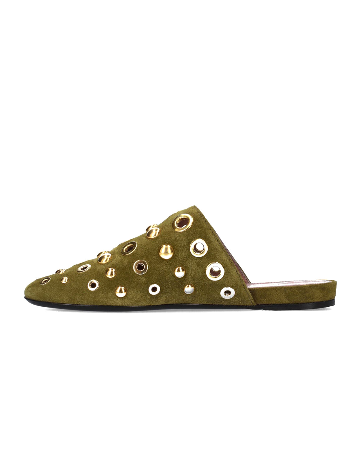 Brown Faux Suede Round-Toe Eyelets And Studs Loafers Flats