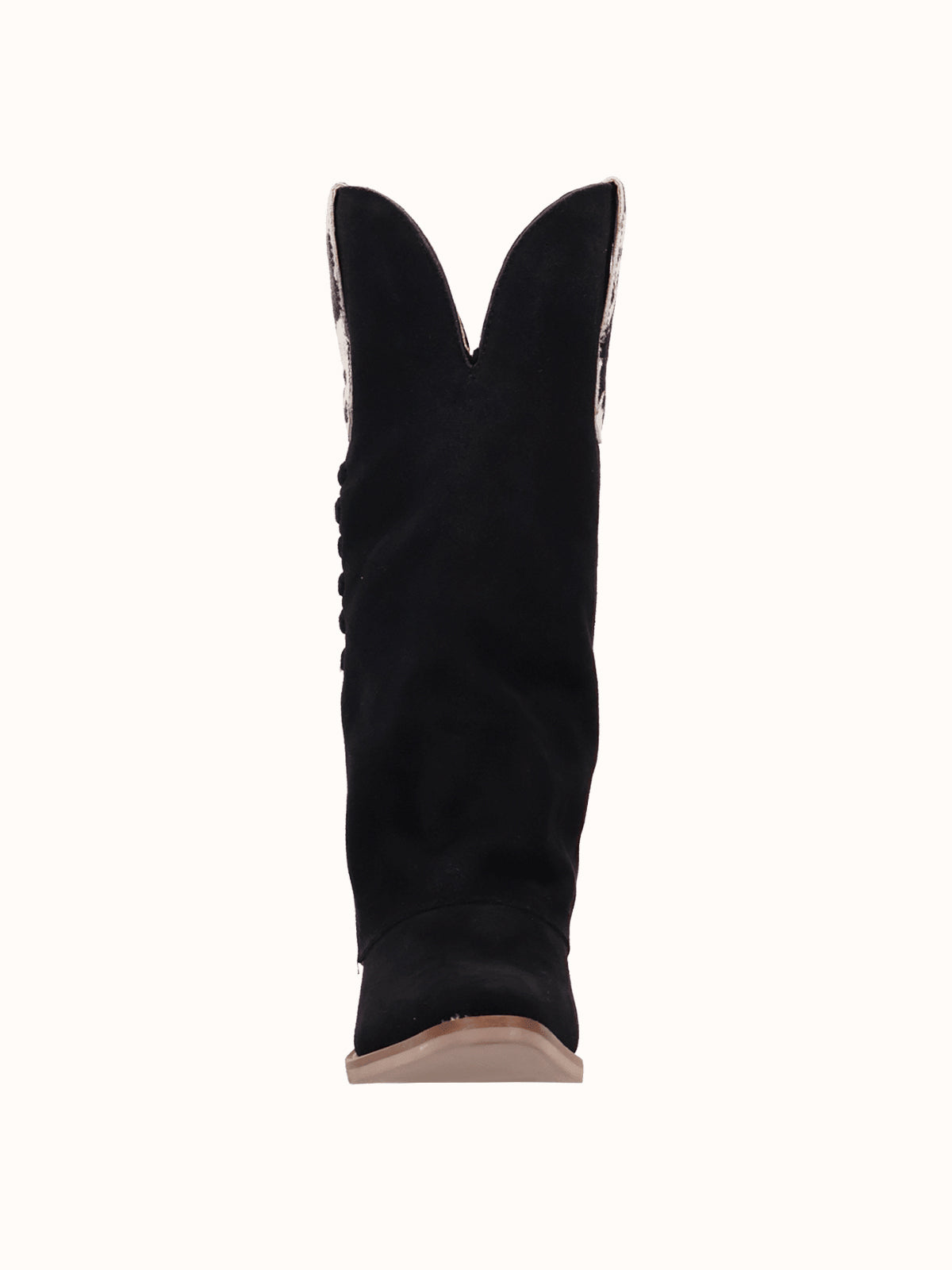 Black Faux Suede And Cow Pattern Snip-Toe Fold-Over Wide Calf Knee High Cowgirl Boots
