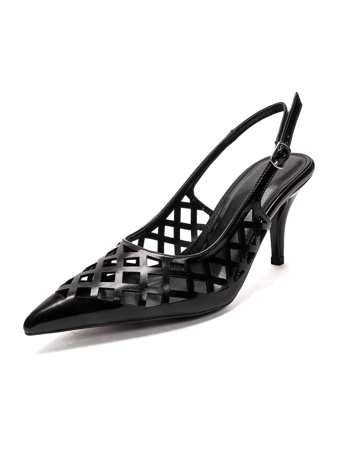 Black Pointed-Toe Cutout Chic Buckle Back Strap Kitten Heels