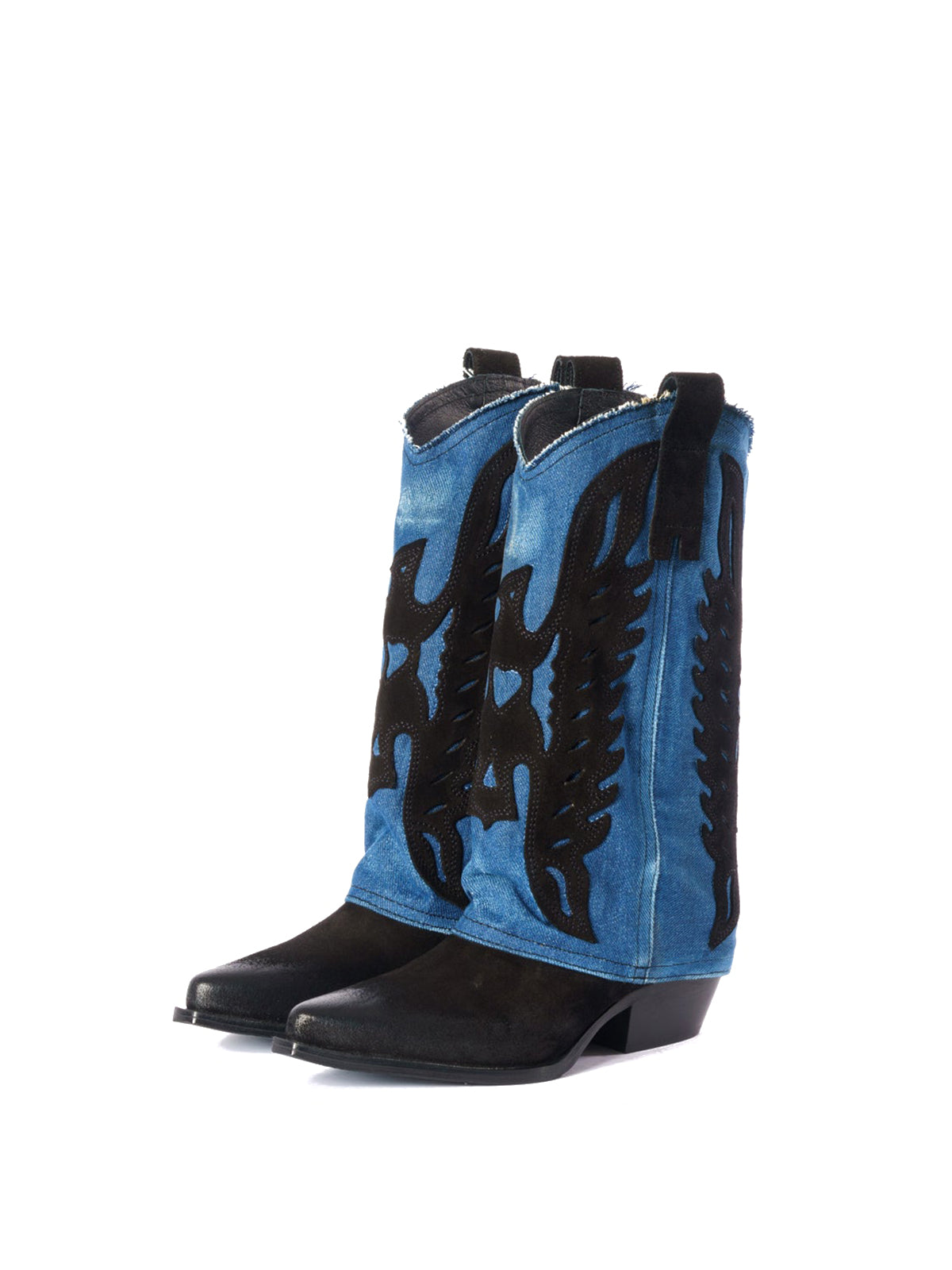 Black Snip-Toe Eagle Applique Blue Denim Fold-Over Mid Calf Cowgirl Boots