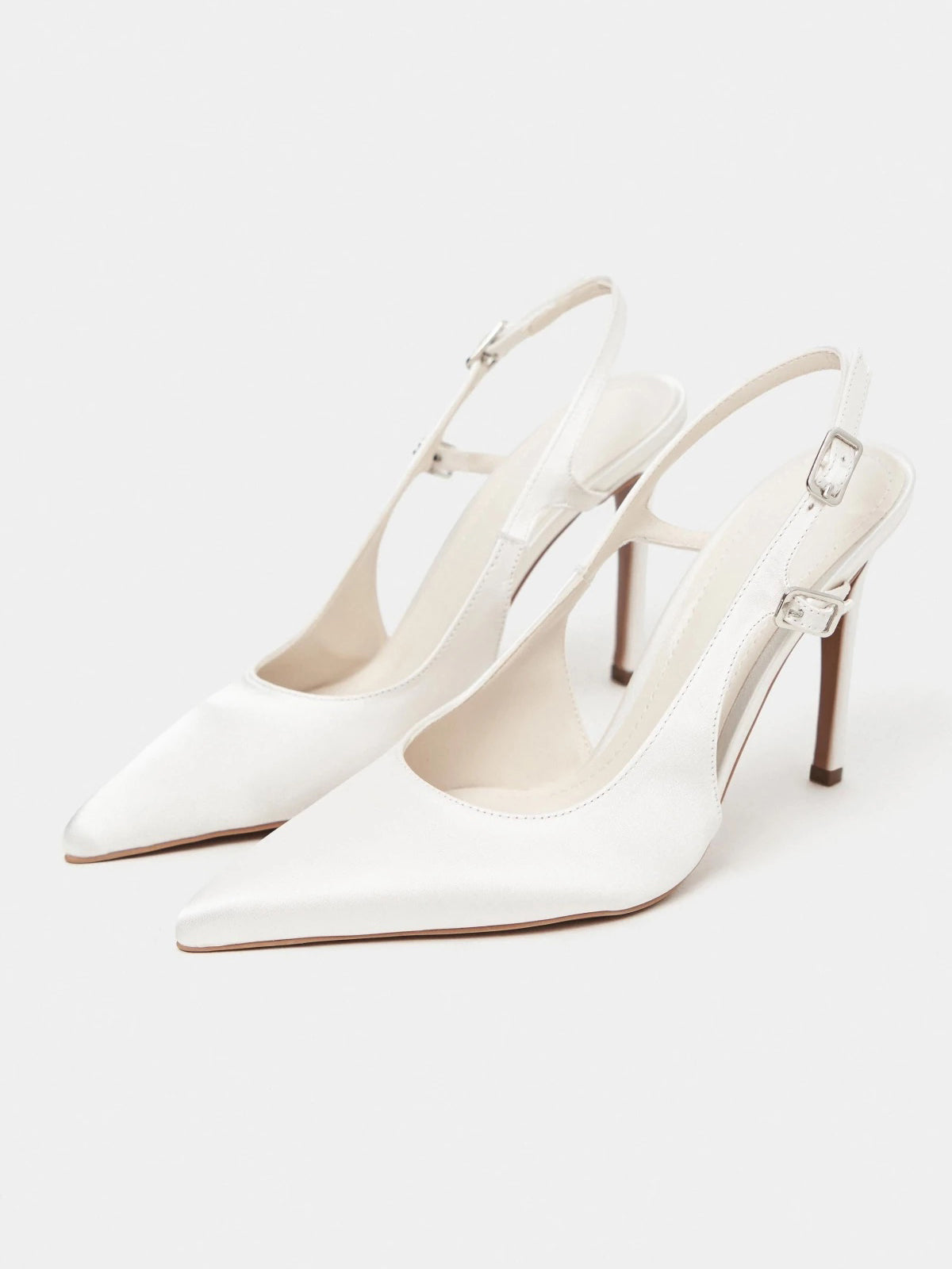 Satin Pointed-Toe Buckle Back Strap Chic High Heels - Ivory