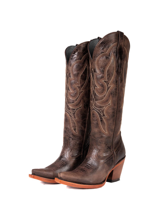 Western Snip-Toe Embroidery Half-Zip Knee High Chic Cowgirl Boots - Rust Brown