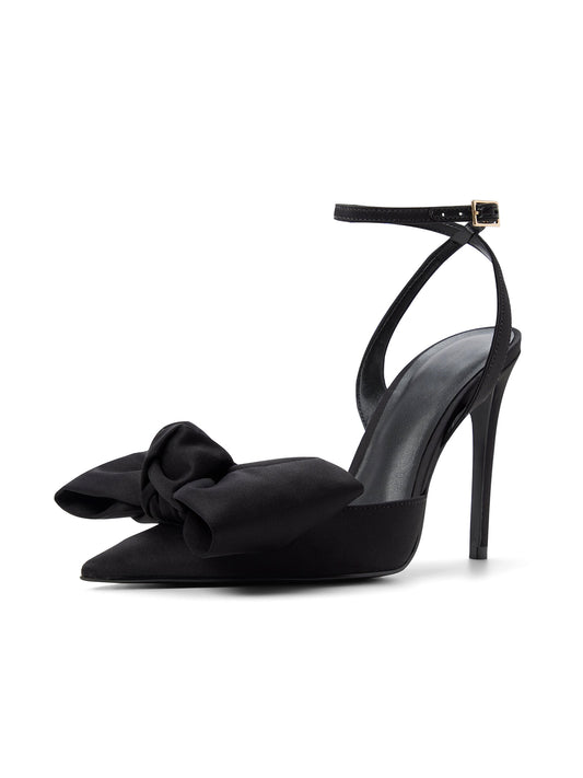 Black Satin Pointed-Toe Front Big Bow Slip-On Slingback High Heels