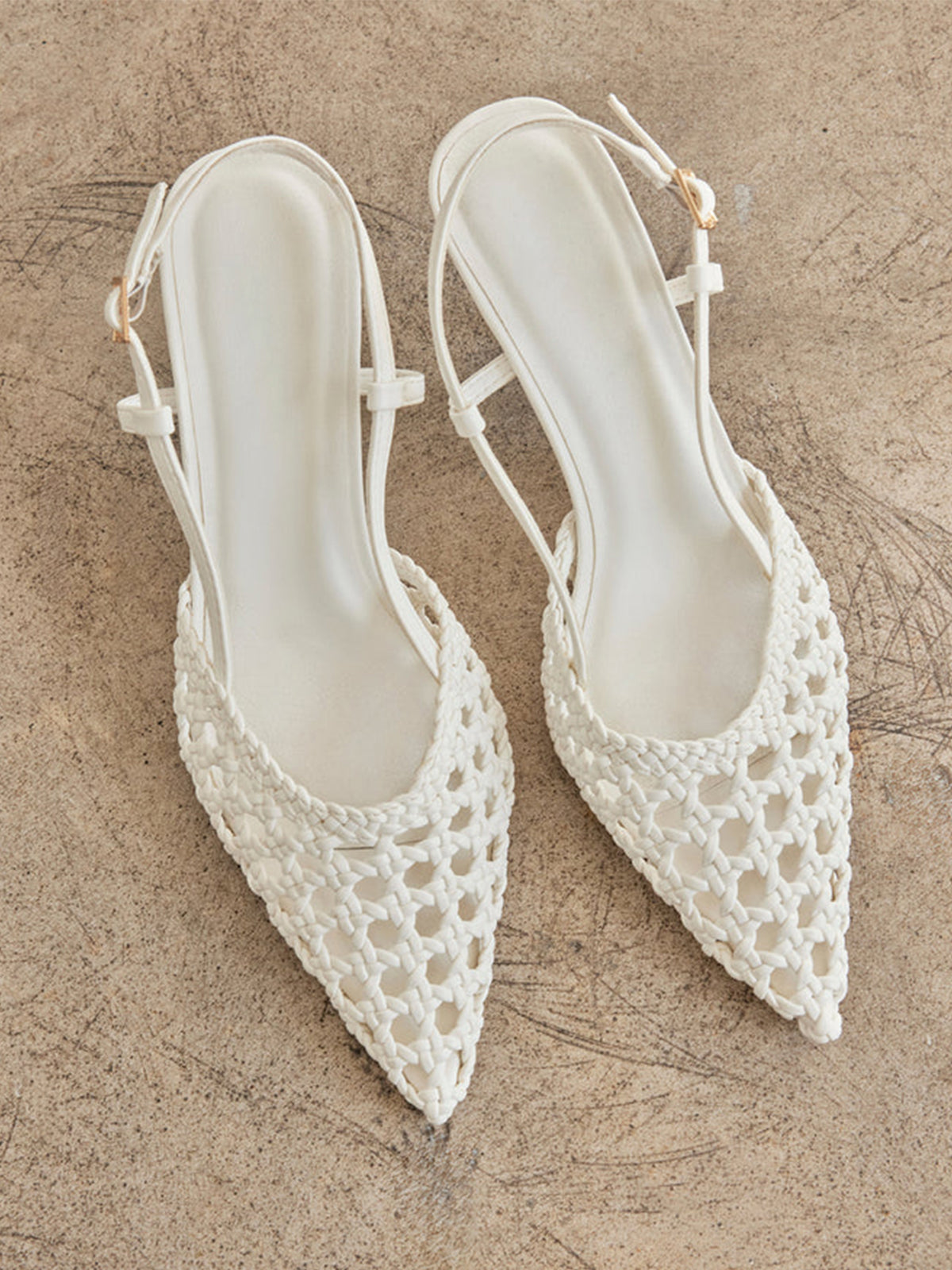 White Vegan Leather Woven Pointed-Toe Slingback Kitten Heels