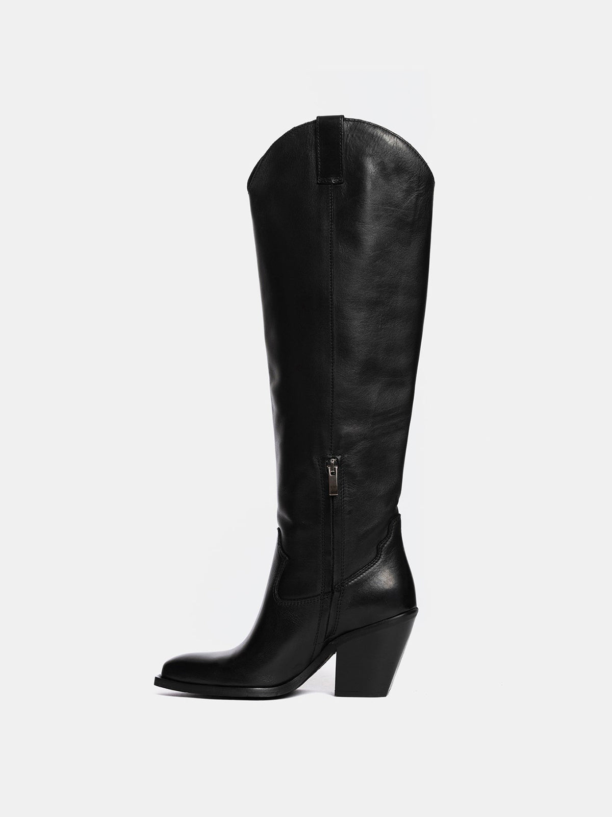 Black Classic Snip-Toe Simple Half-Zip Knee High Tall Cowgirl Boots
