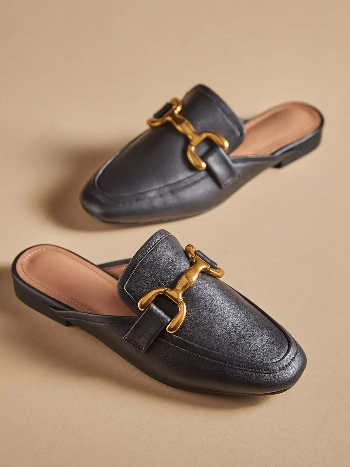 Black Square-Toe Slip-On Front Metal Detail Flats Loafers