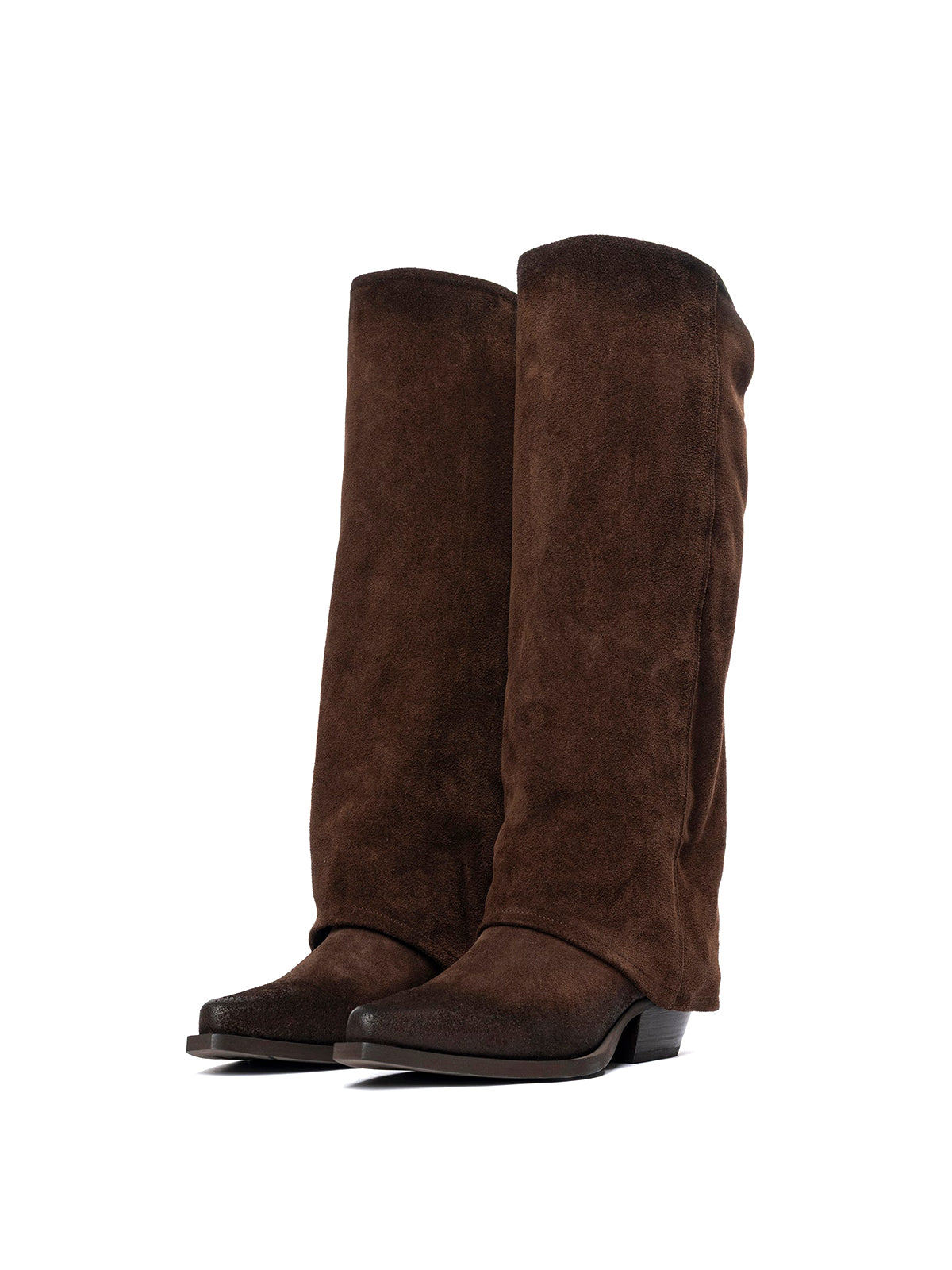 Dark Brown Faux Suede Snip-Toe Fold-Over Back Studs Wide Calf Knee High Cowgirl Boots