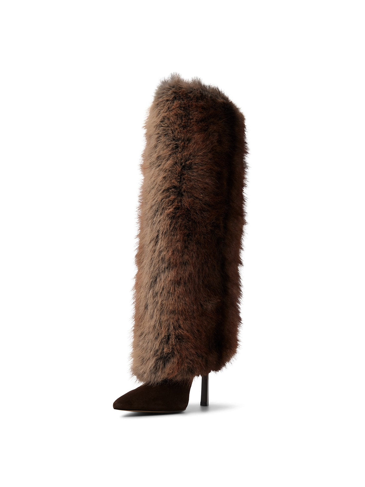 Dark Brown Faux Suede Pointed-Toe Full Plush Knee High Stiletto Boots